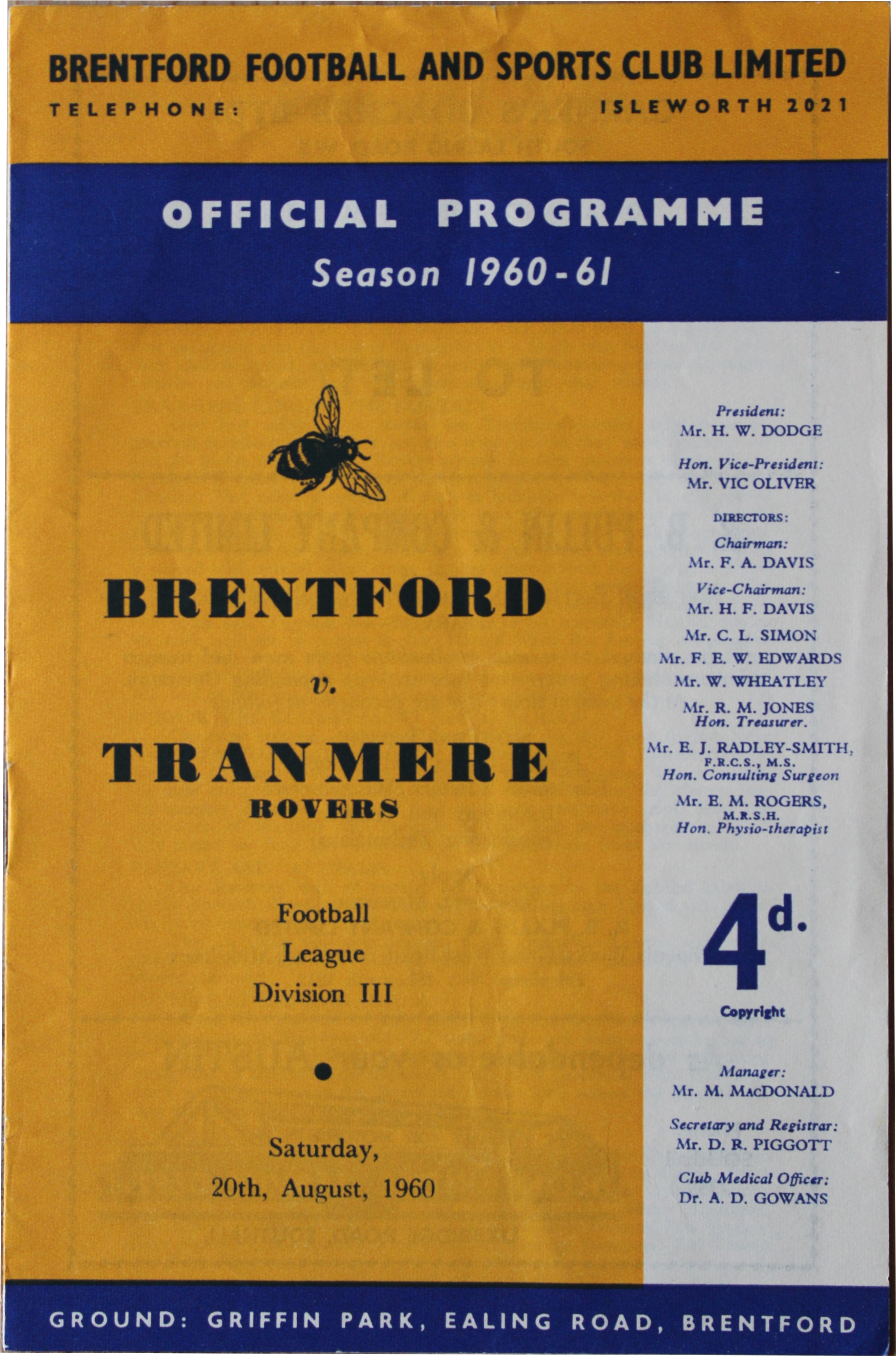 Match Programme for 20/08/1960