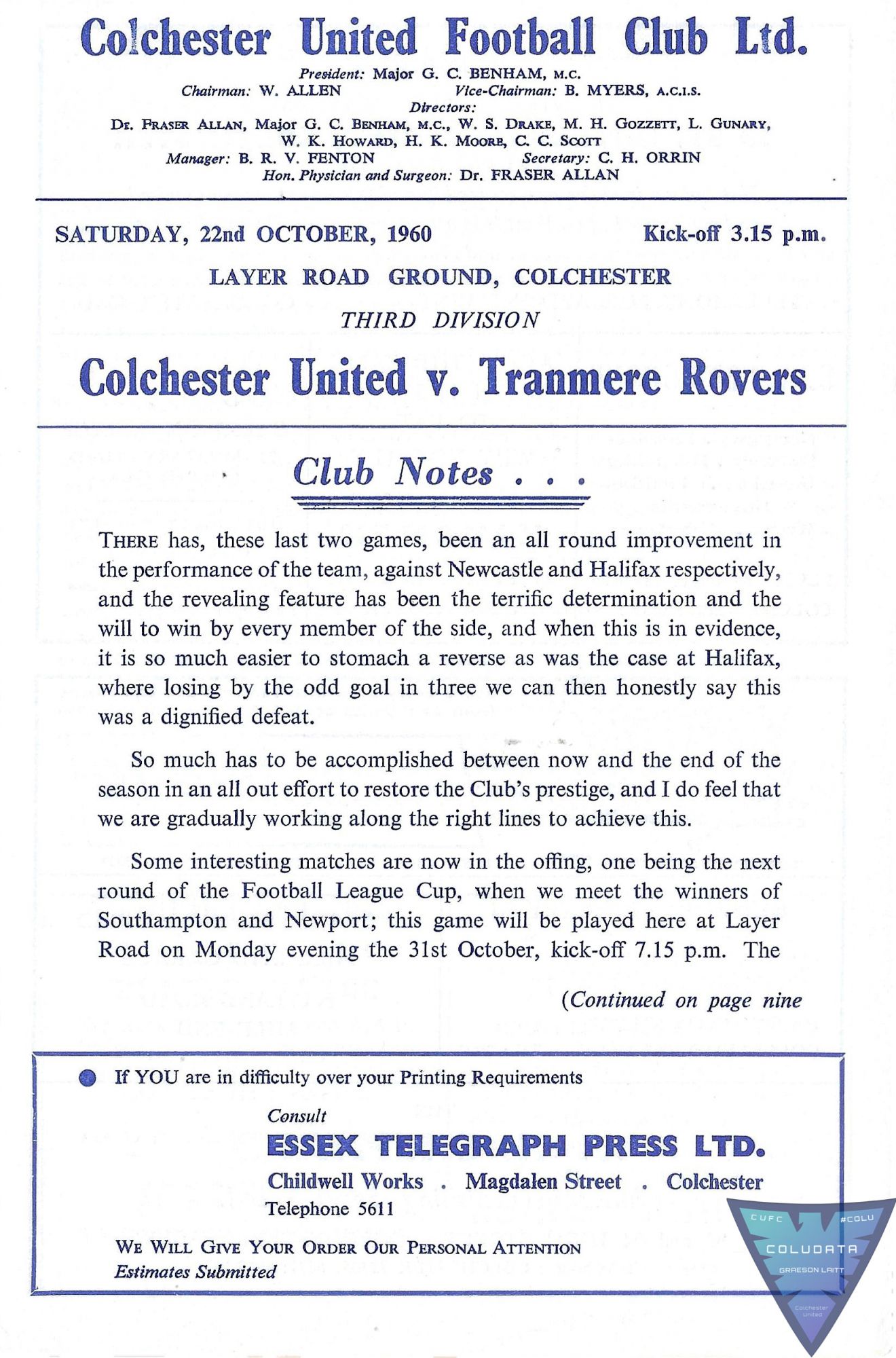 Match Programme for 22/10/1960