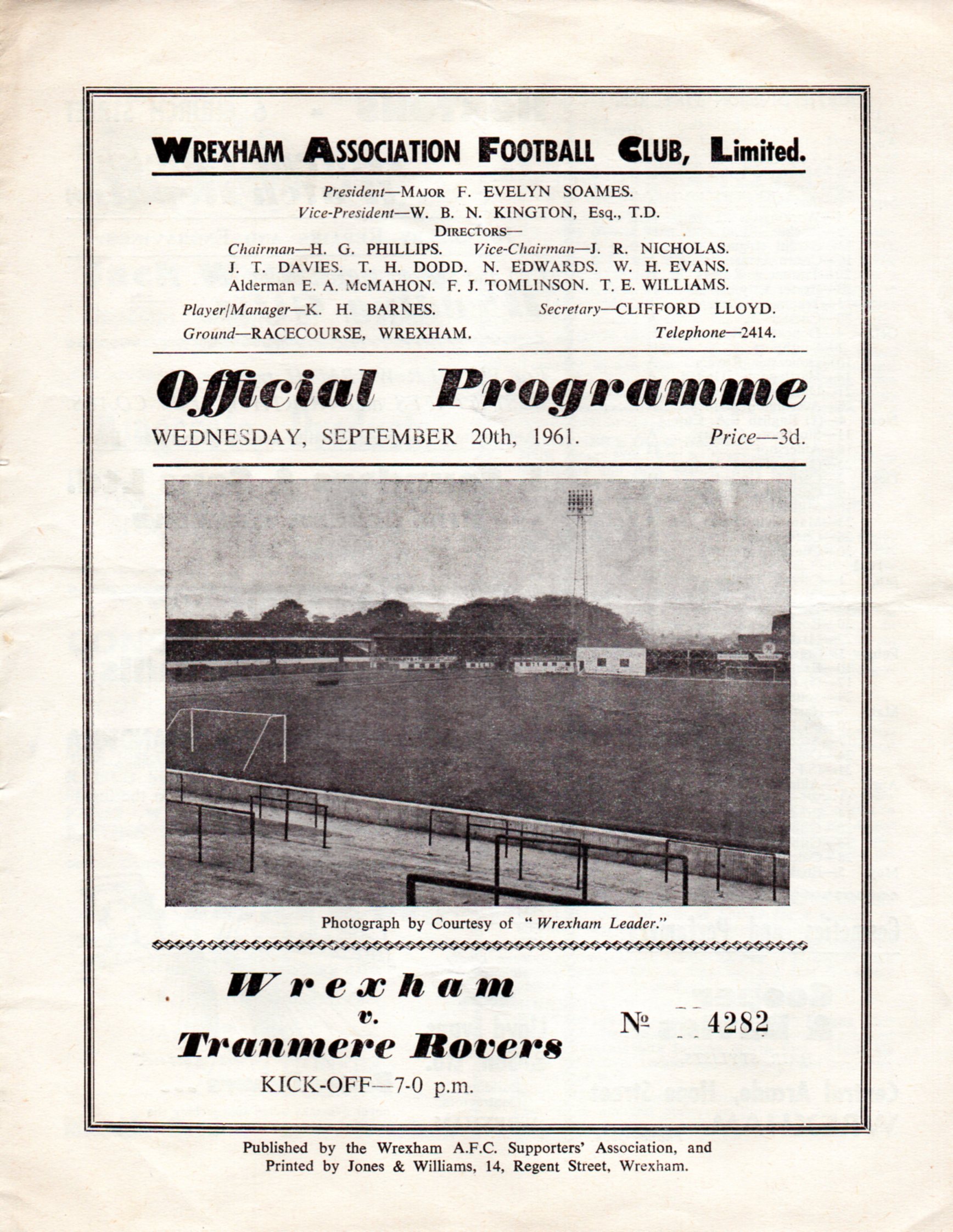 Match Programme for 20/09/1961