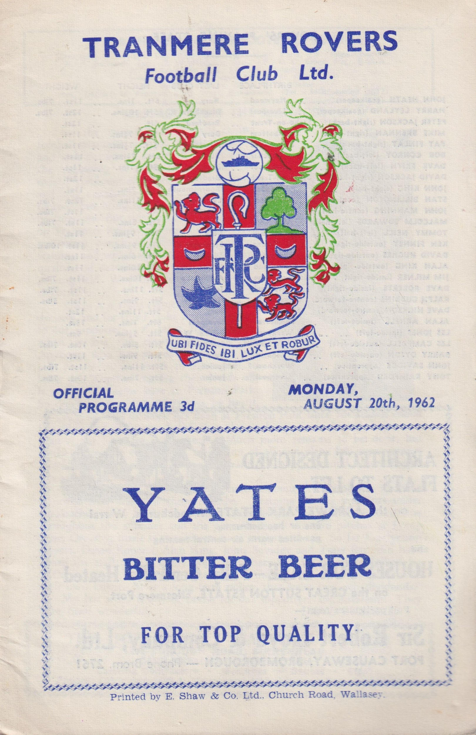 Match Programme for 20/08/1962