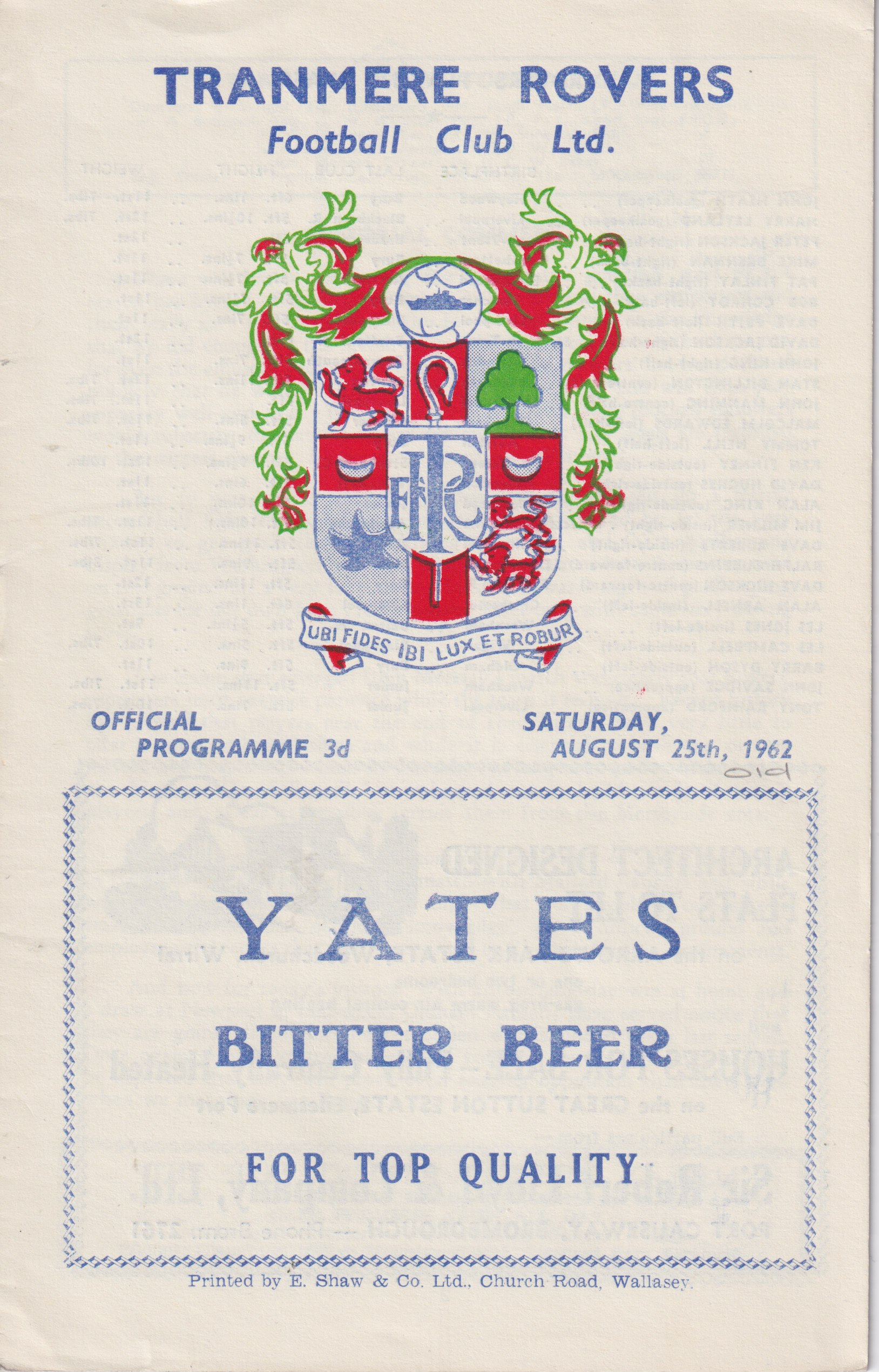 Match Programme for 25/08/1962