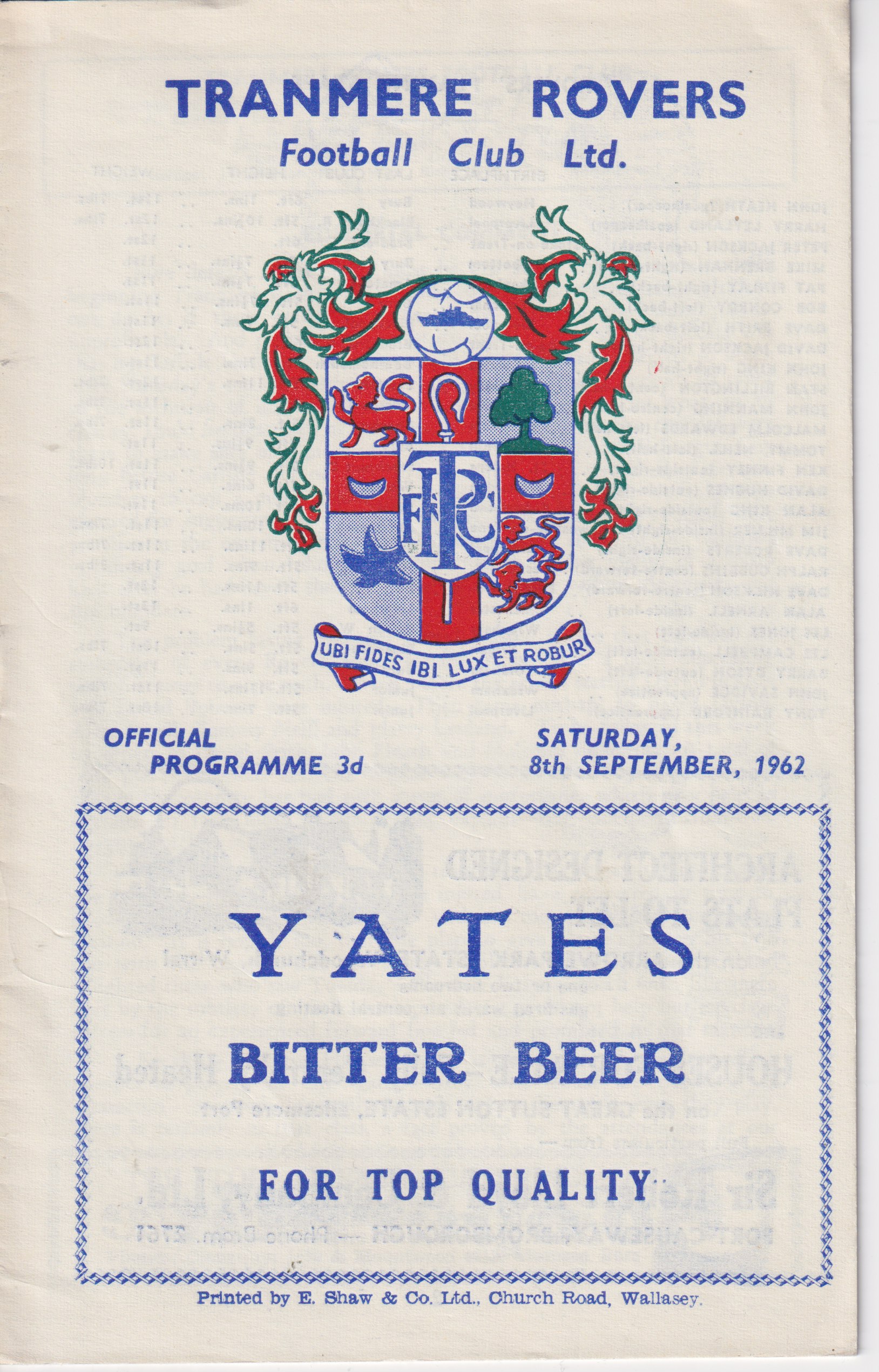 Match Programme for 08/09/1962