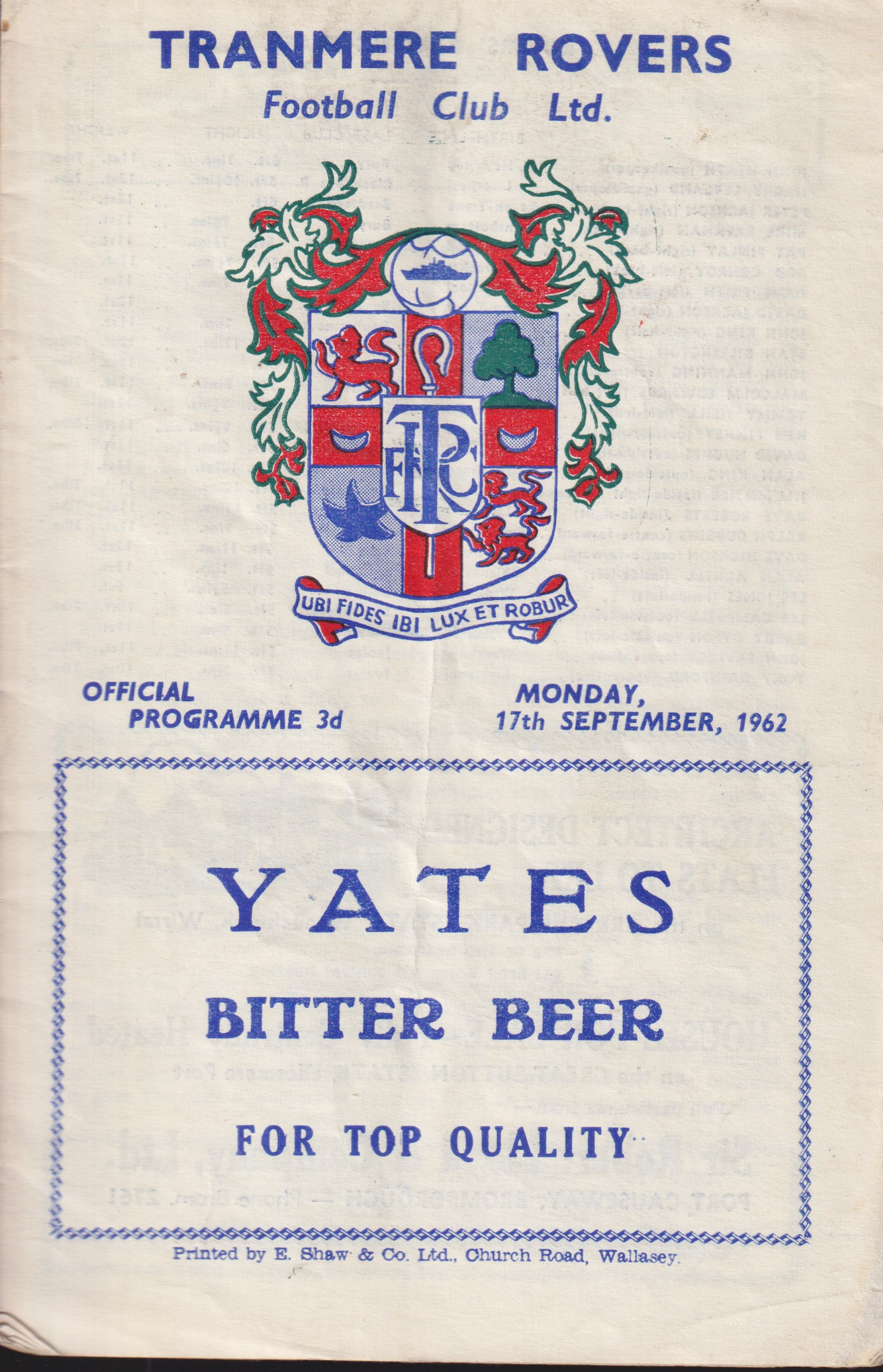 Match Programme for 17/09/1962