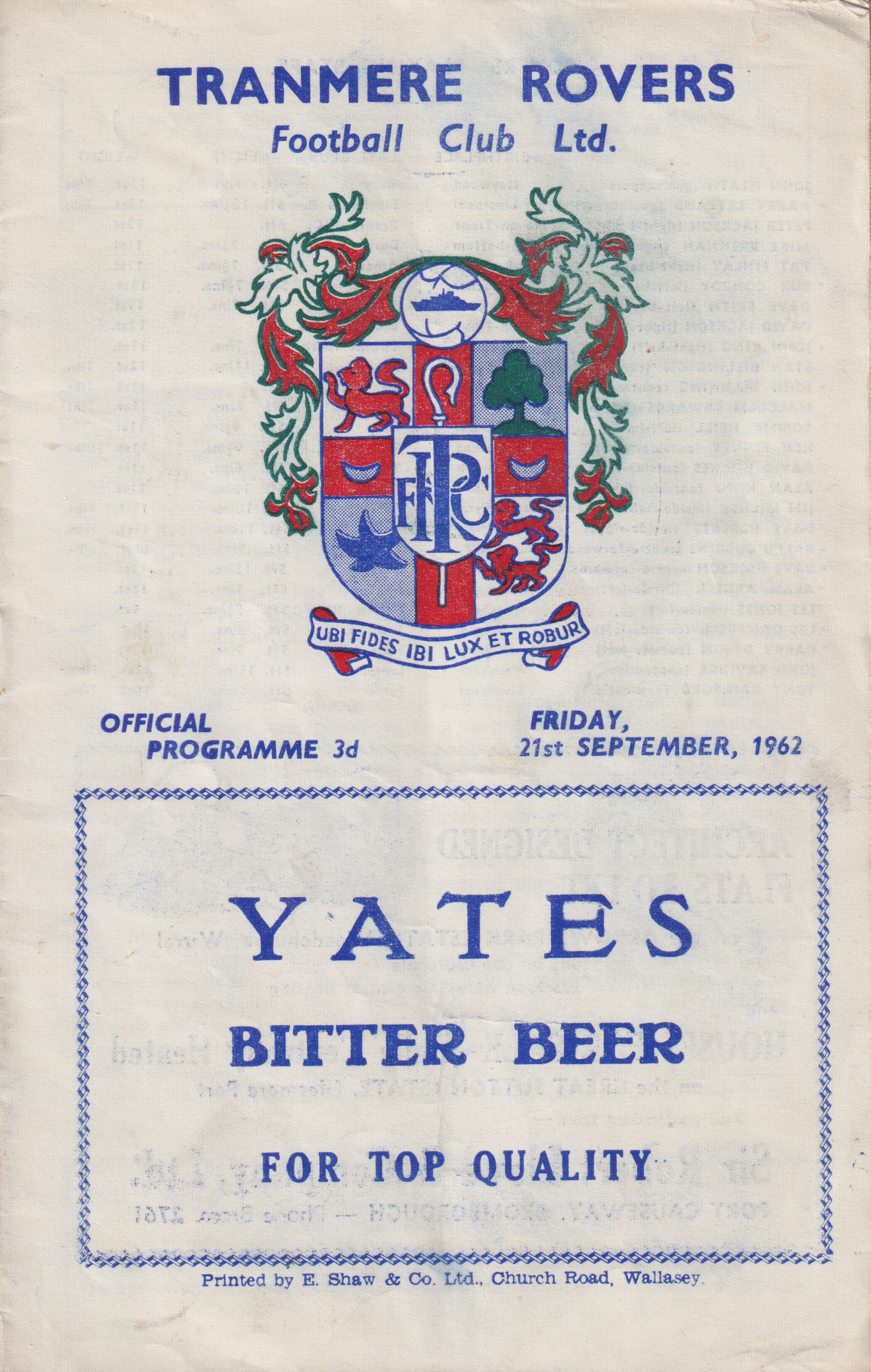 Match Programme for 21/09/1962