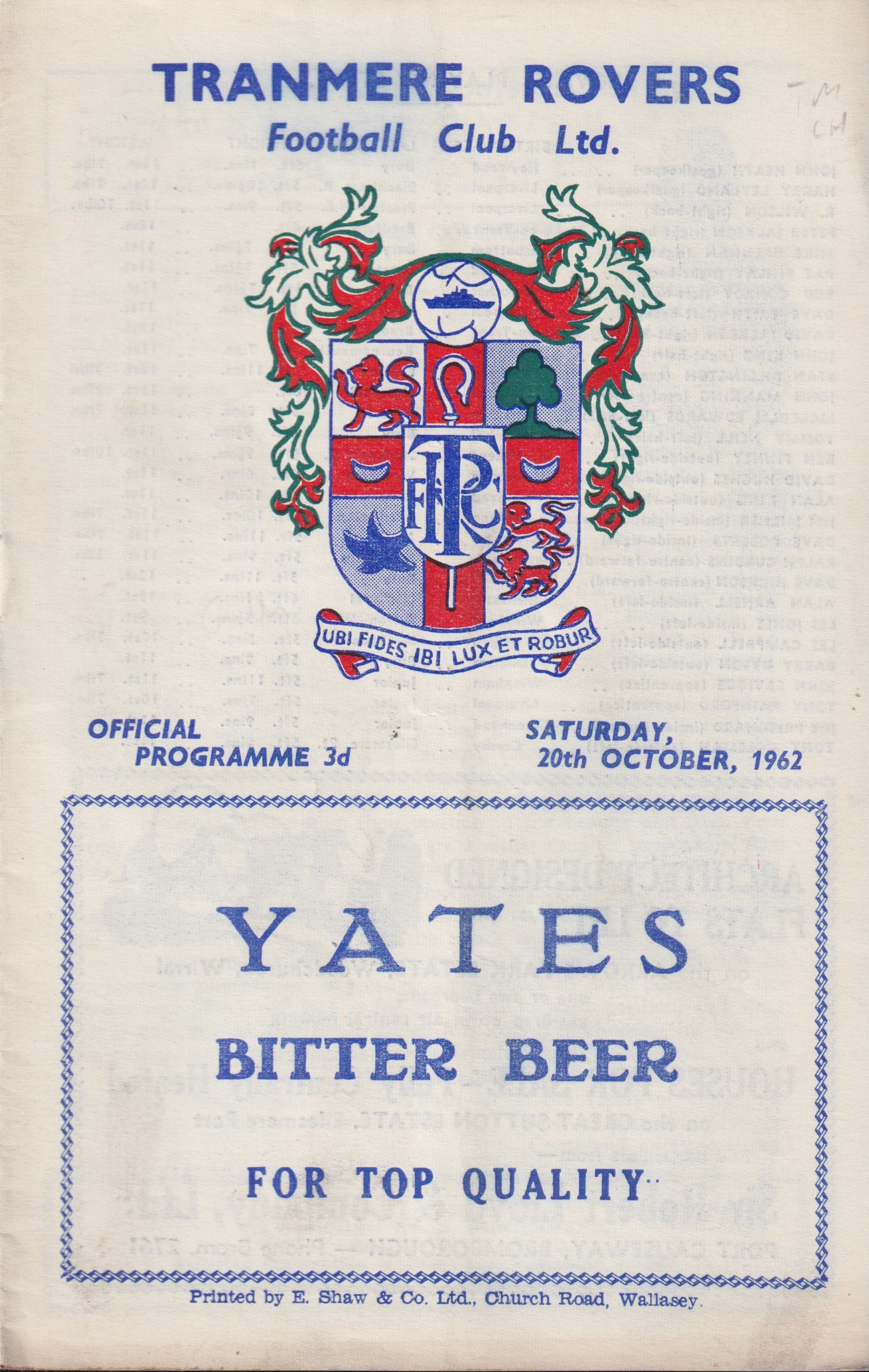 Match Programme for 20/10/1962