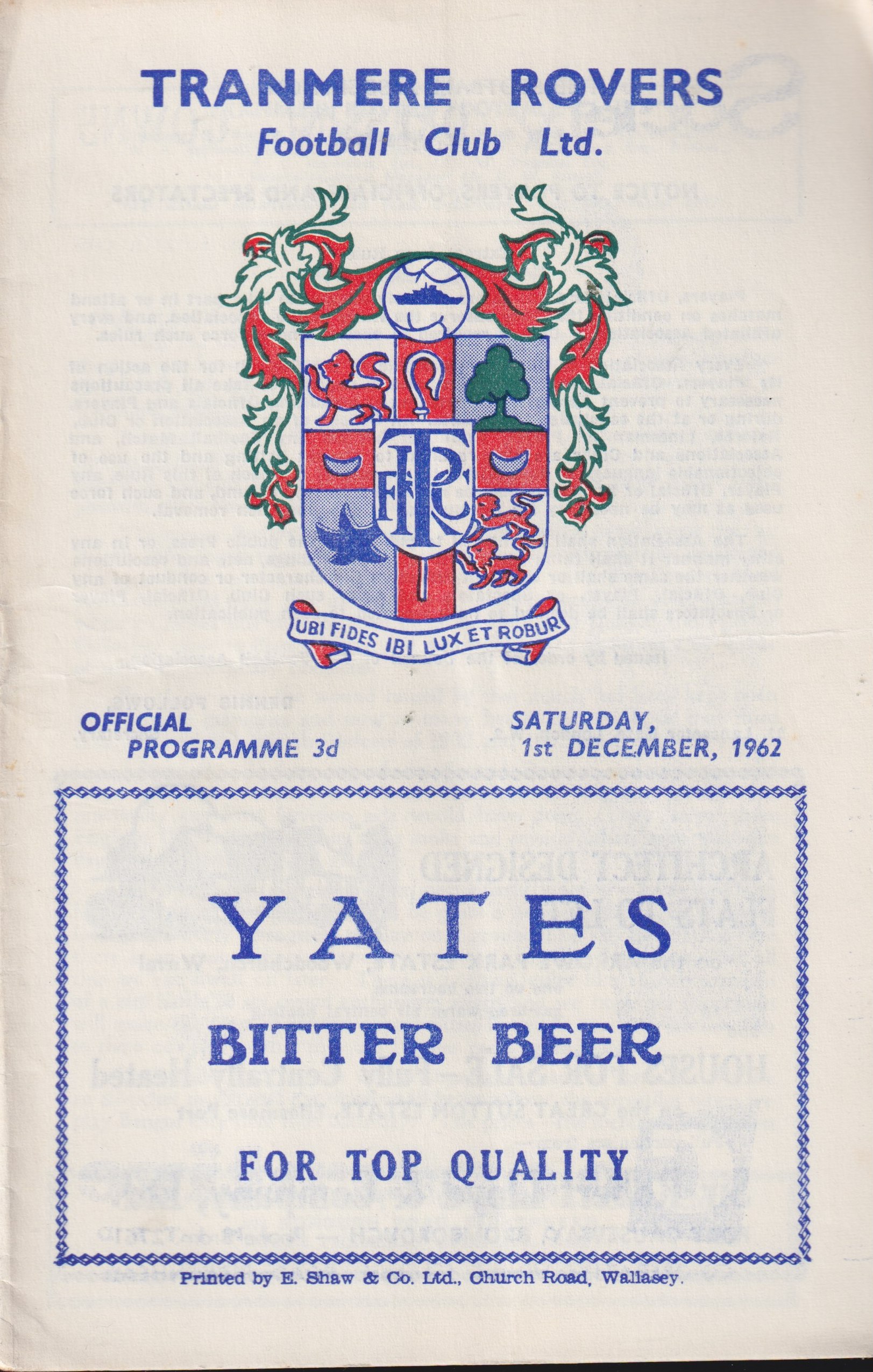 Match Programme for 01/12/1962