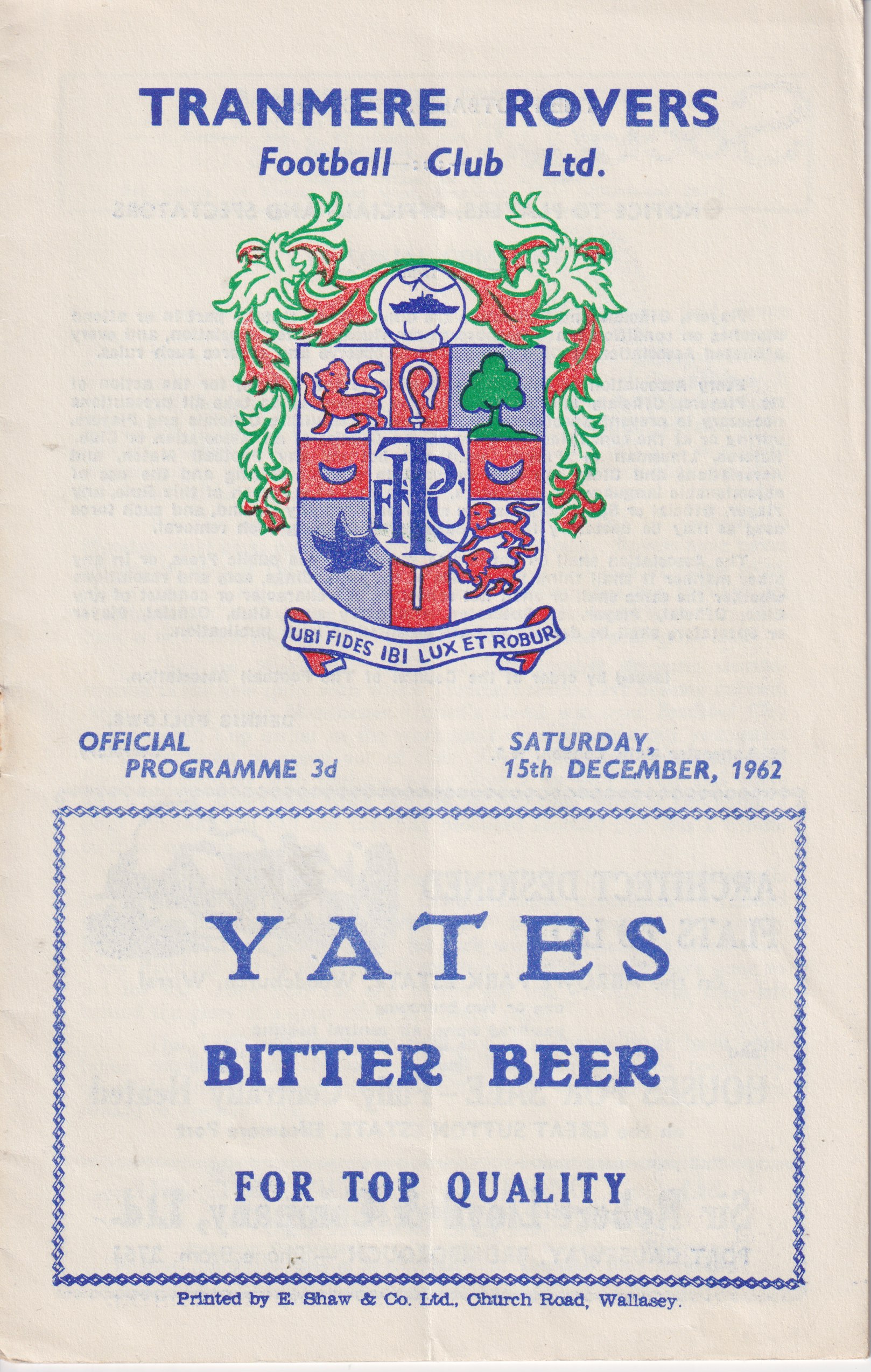 Match Programme for 15/12/1962