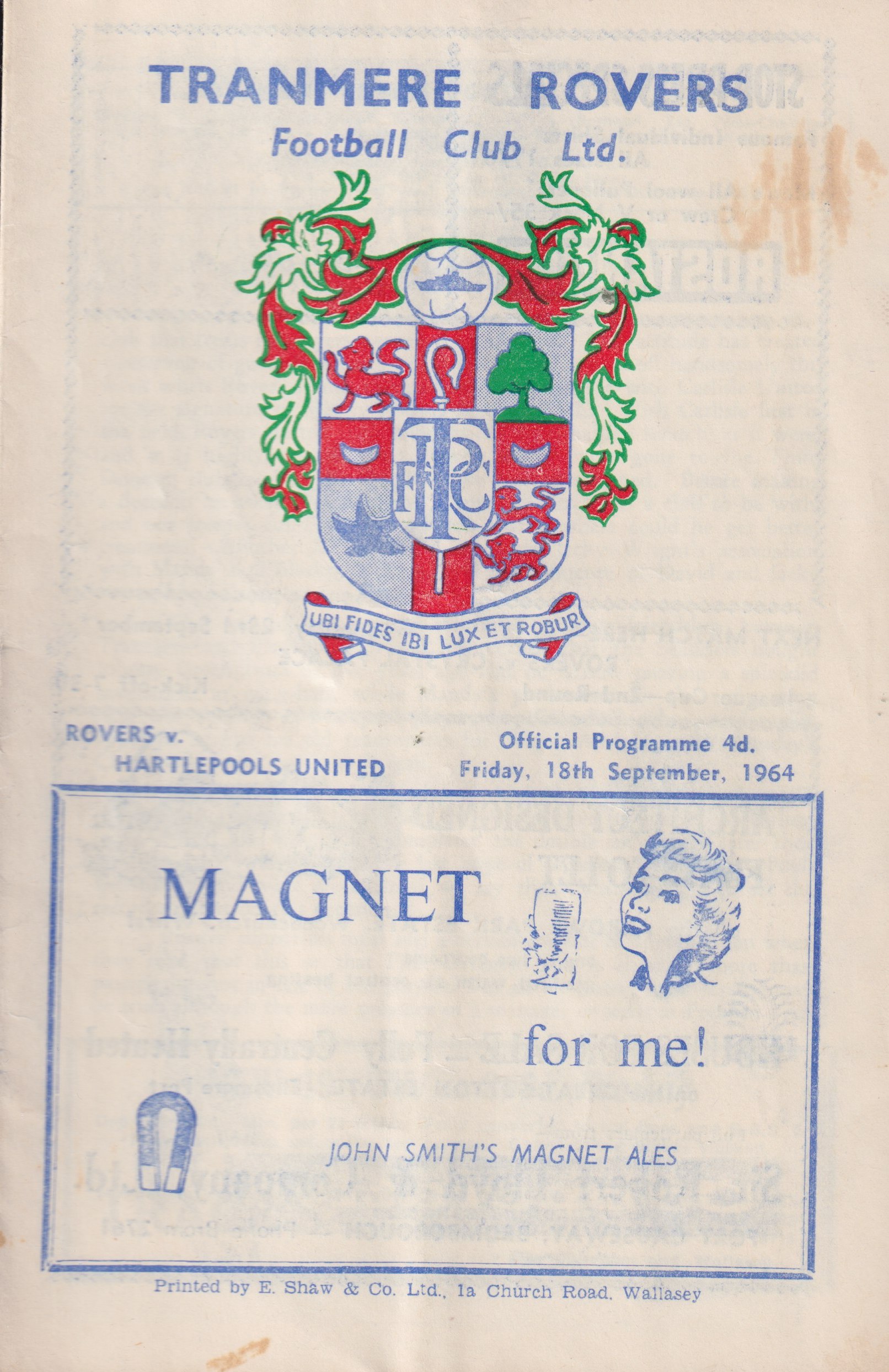 Match Programme for 18/09/1964
