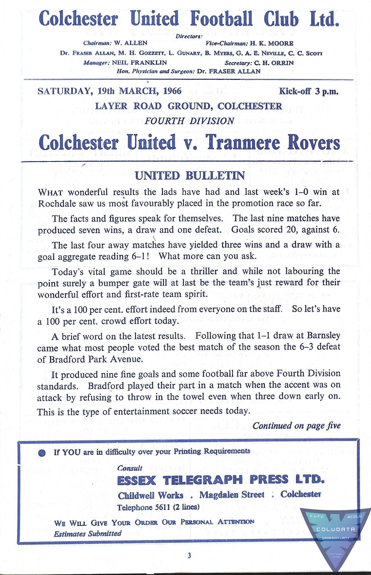Match Programme for 19/03/1966