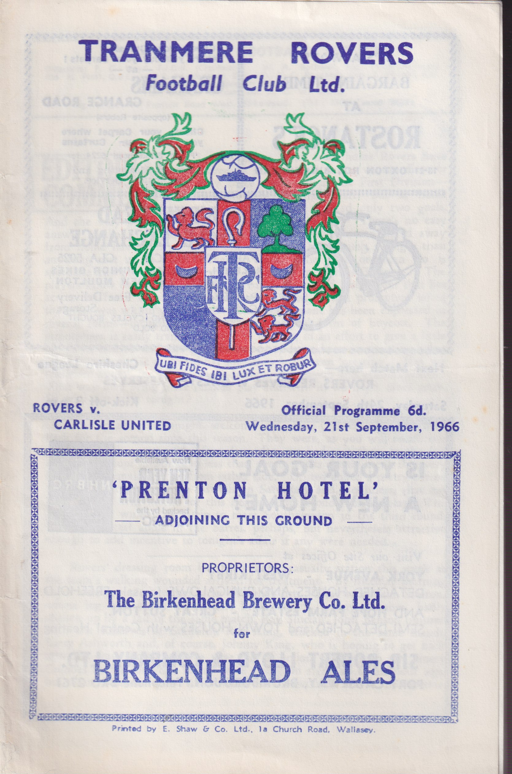 Match Programme for 21/09/1966