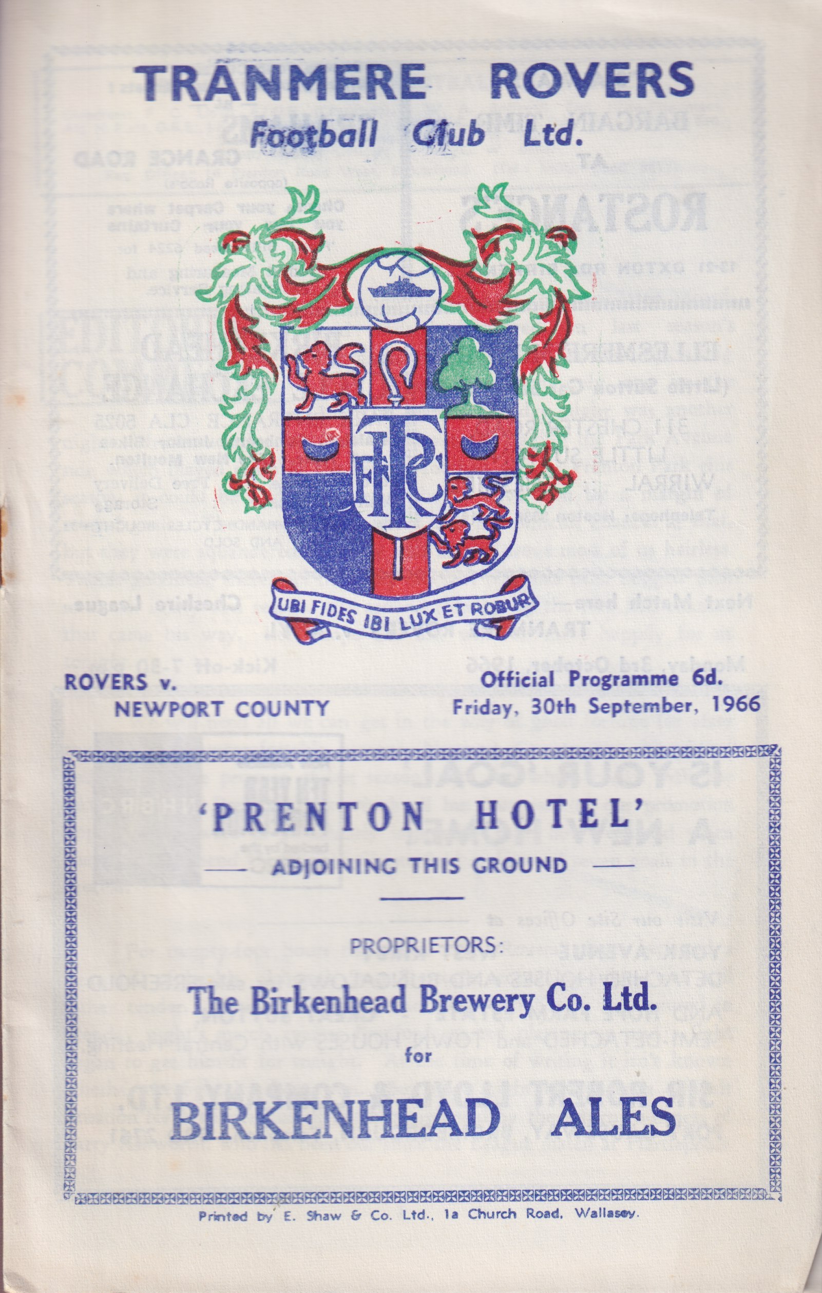 Match Programme for 30/09/1966
