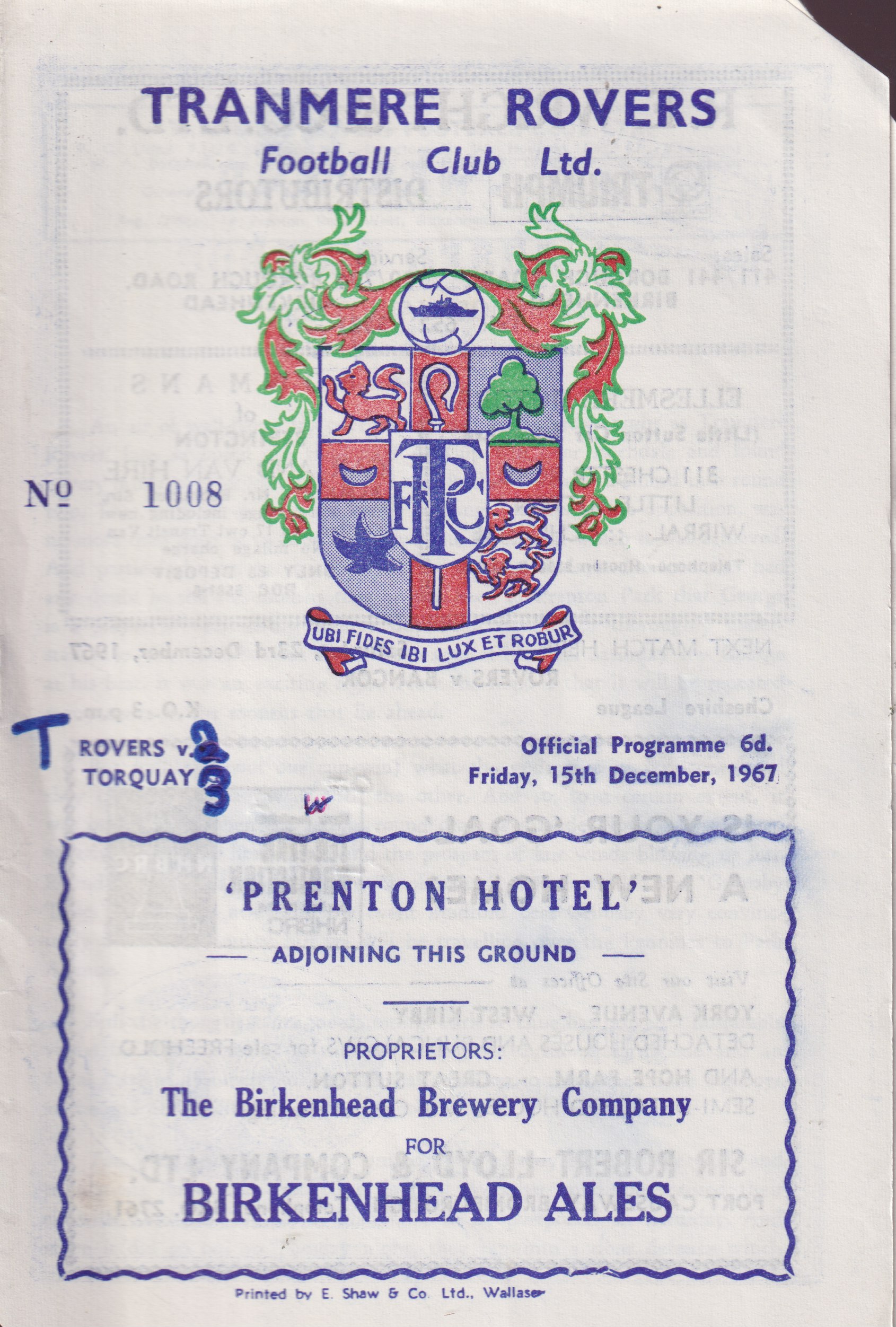 Match Programme for 15/12/1967