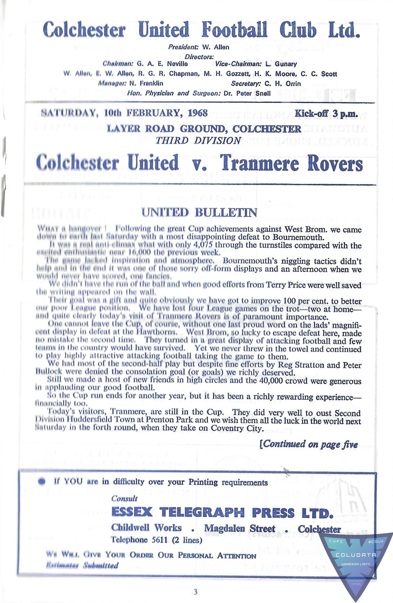 Match Programme for 10/02/1968