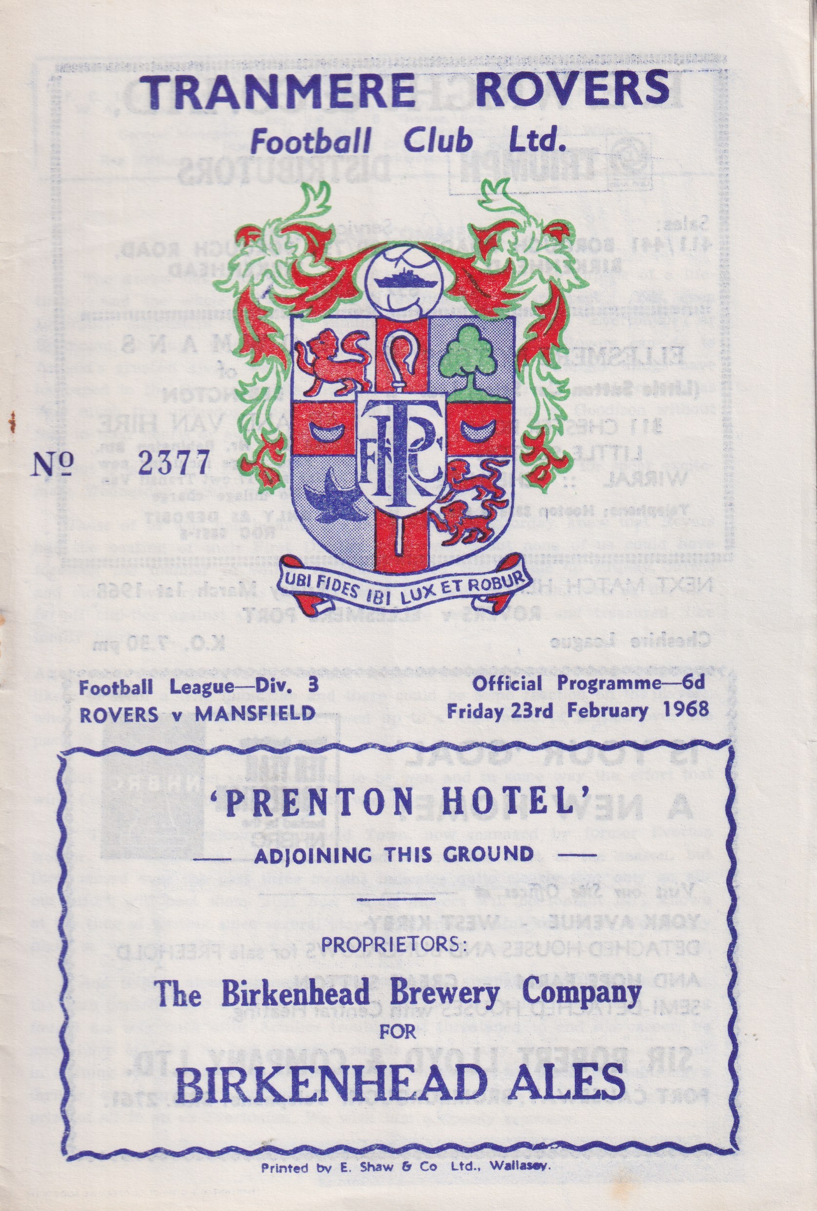 Match Programme for 23/02/1968