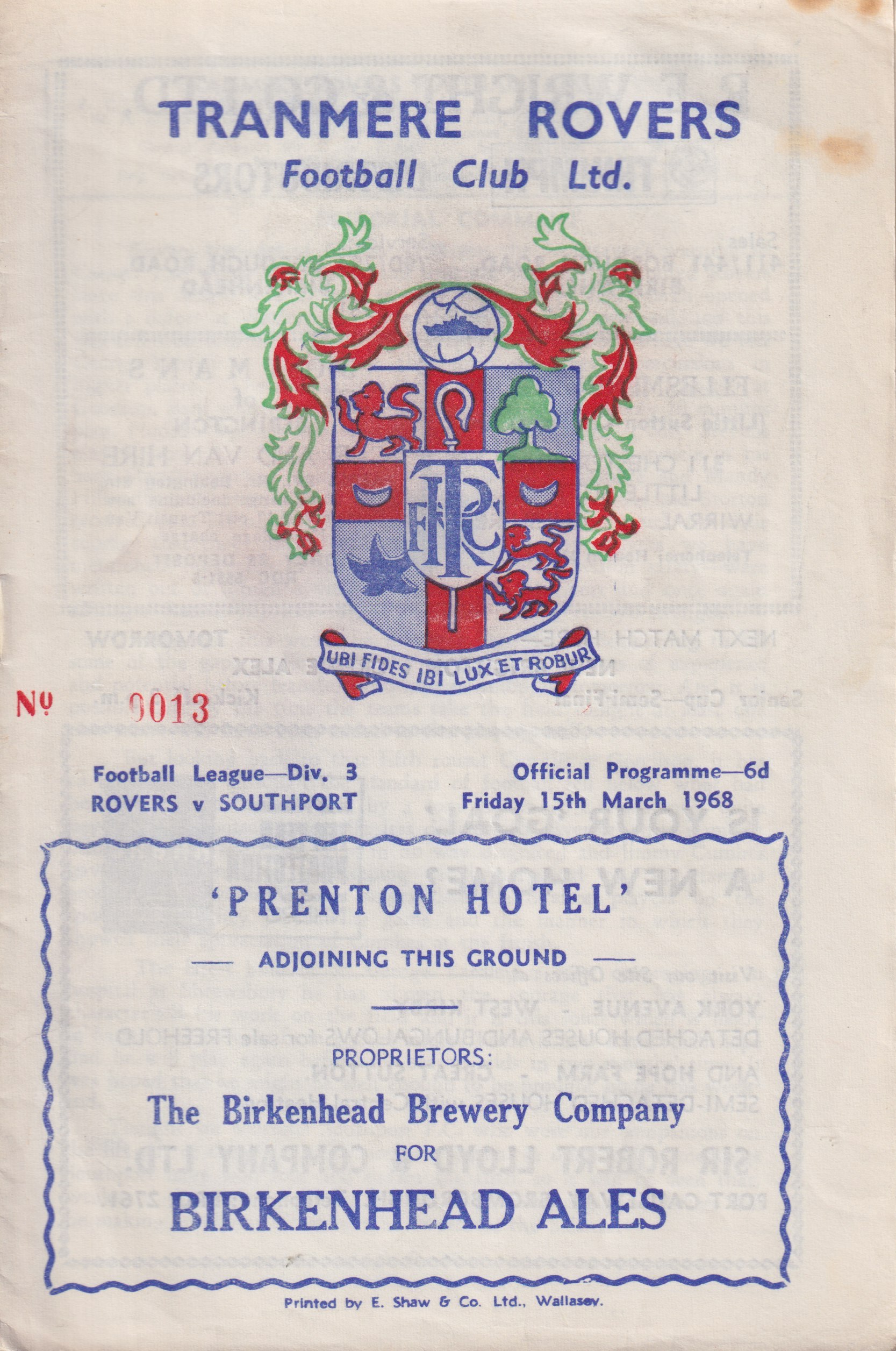 Match Programme for 15/03/1968