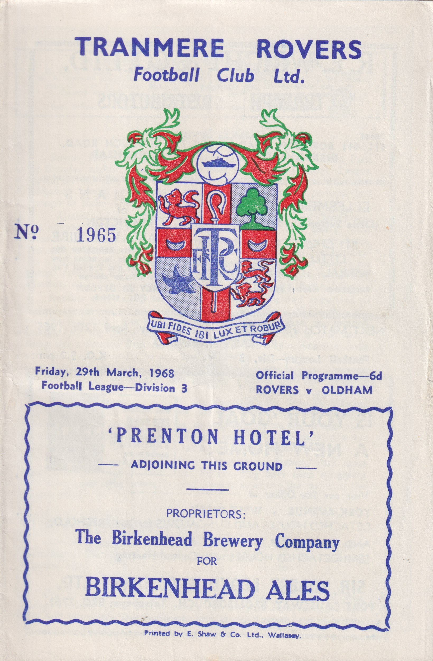 Match Programme for 29/03/1968