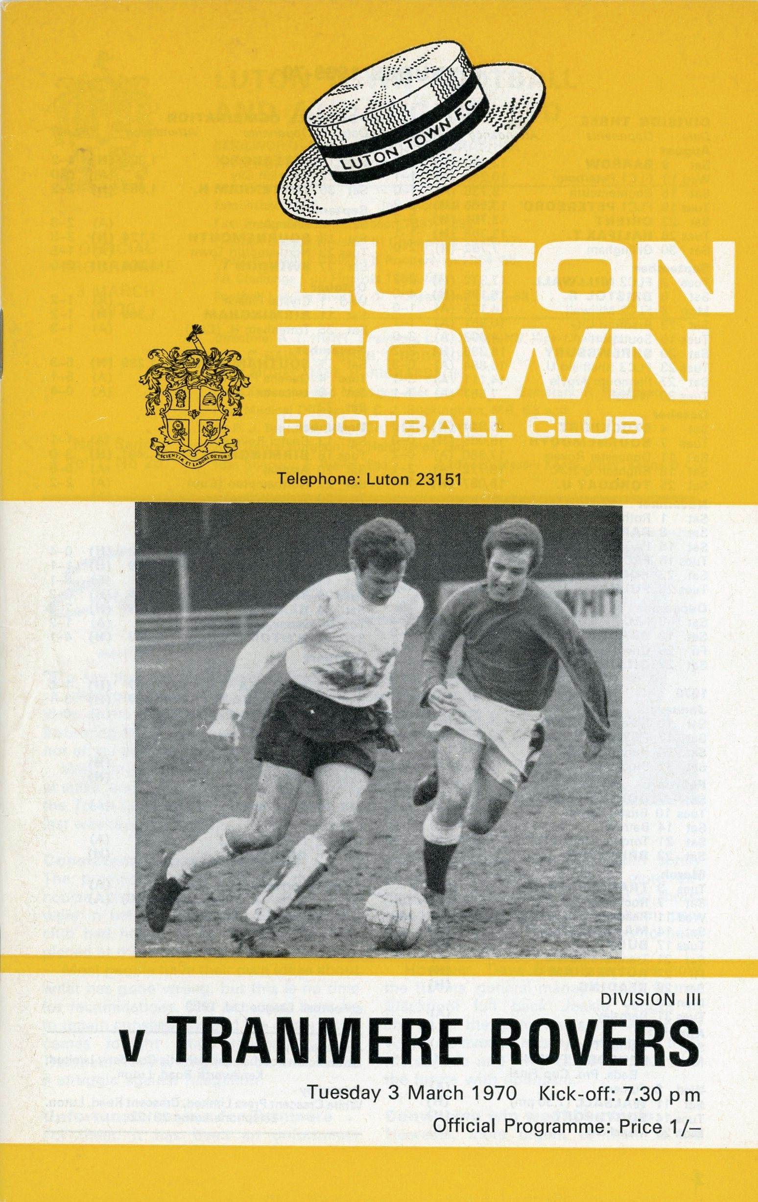 Match Programme for 03/03/1970