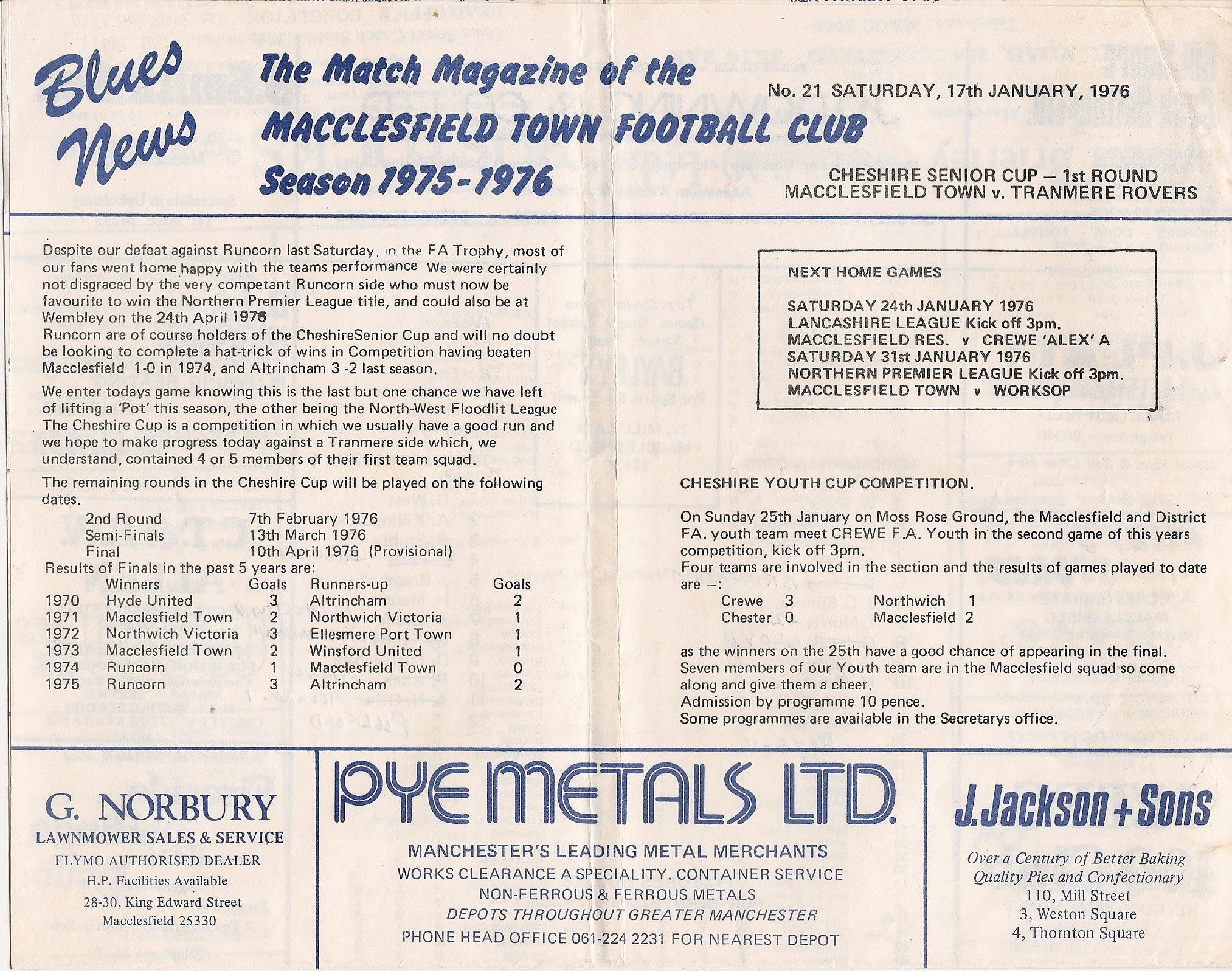 Match Programme for 17/01/1976
