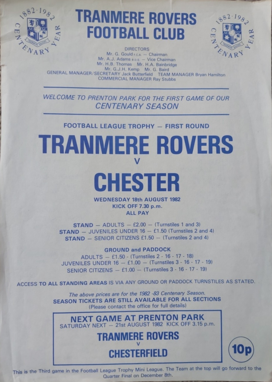 Match Programme for 18/08/1982