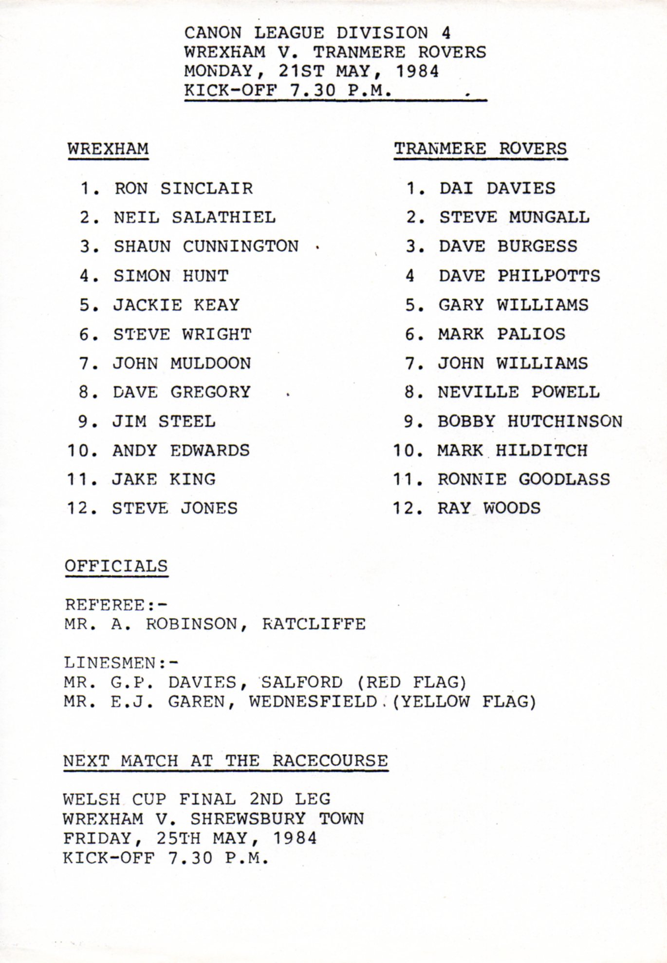 Match Programme for 21/05/1984
