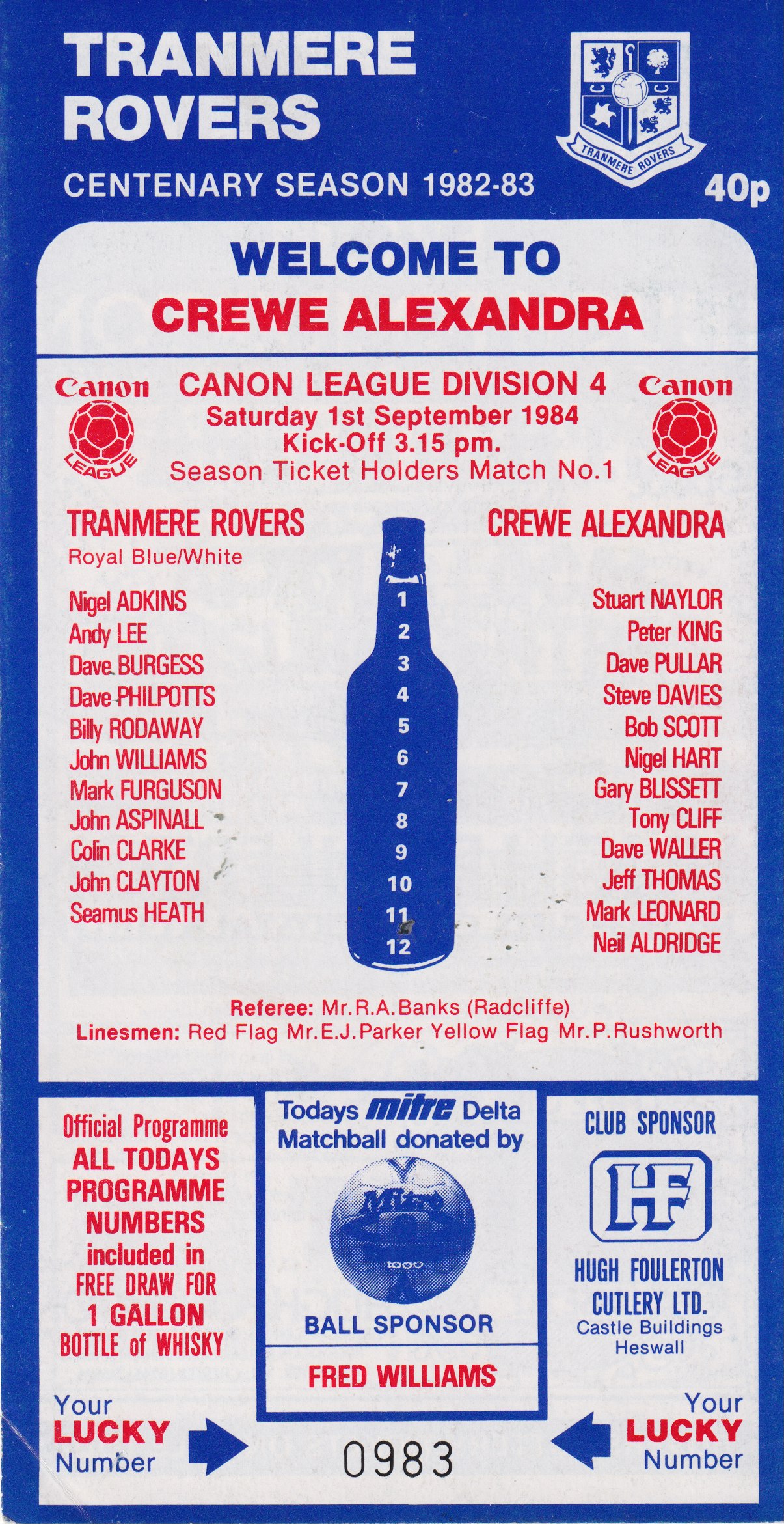 Match Programme for 01/09/1984