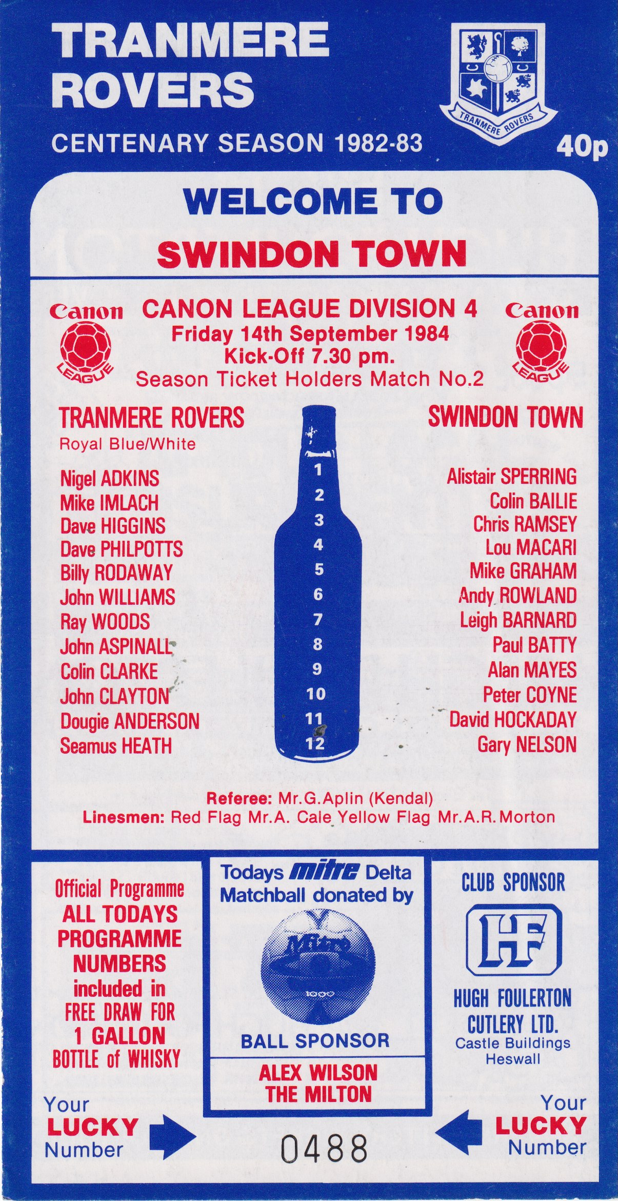 Match Programme for 14/09/1984