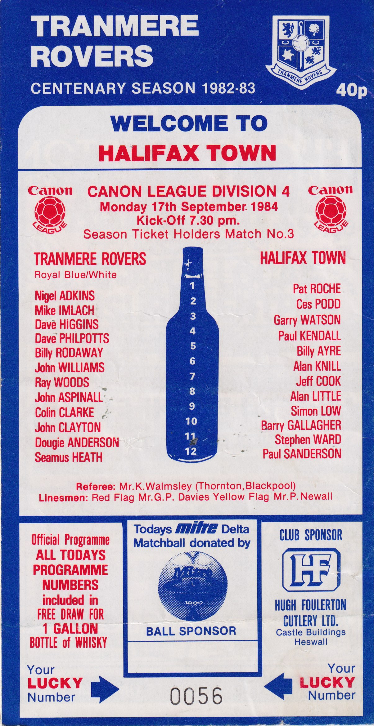 Match Programme for 17/09/1984