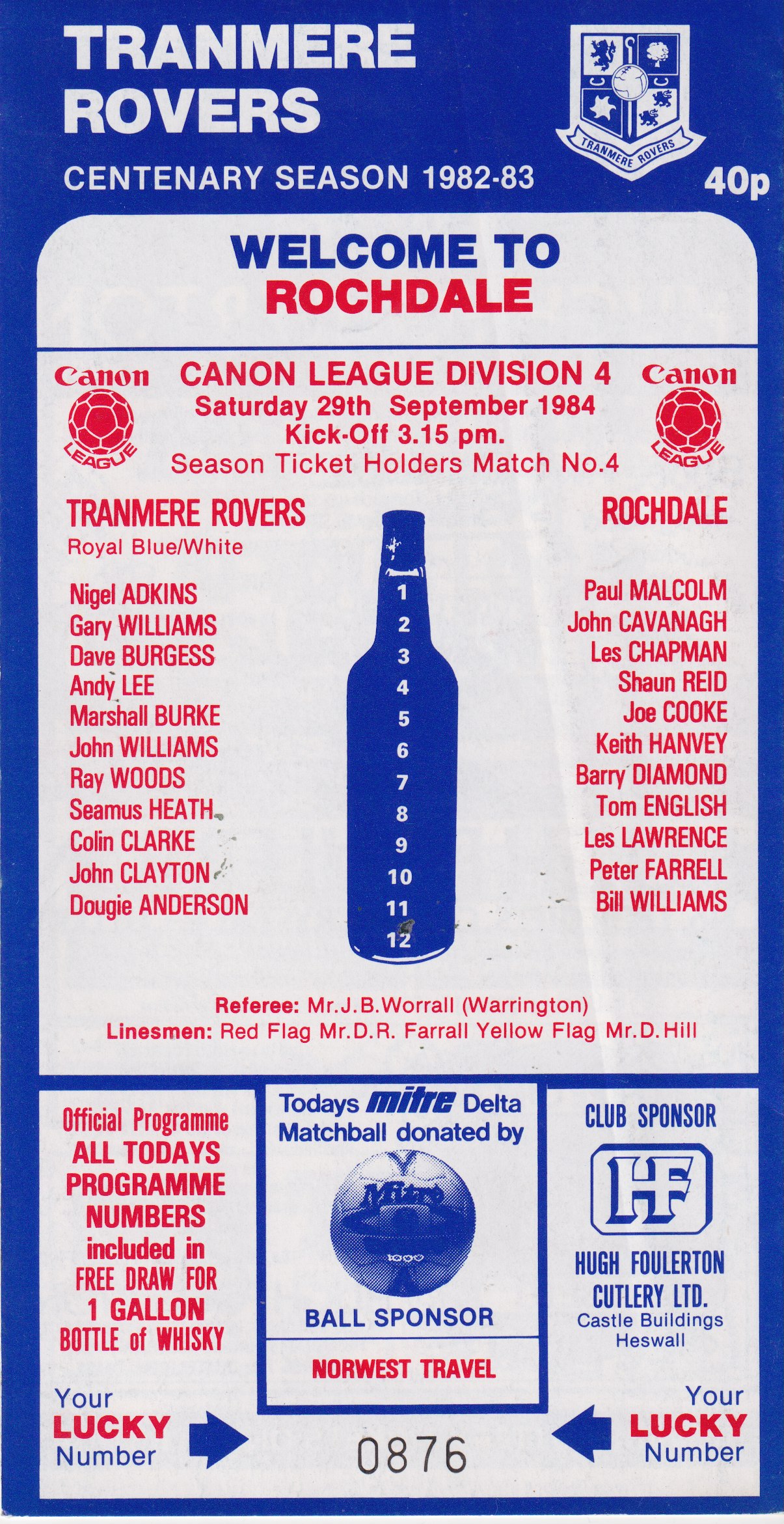 Match Programme for 29/09/1984
