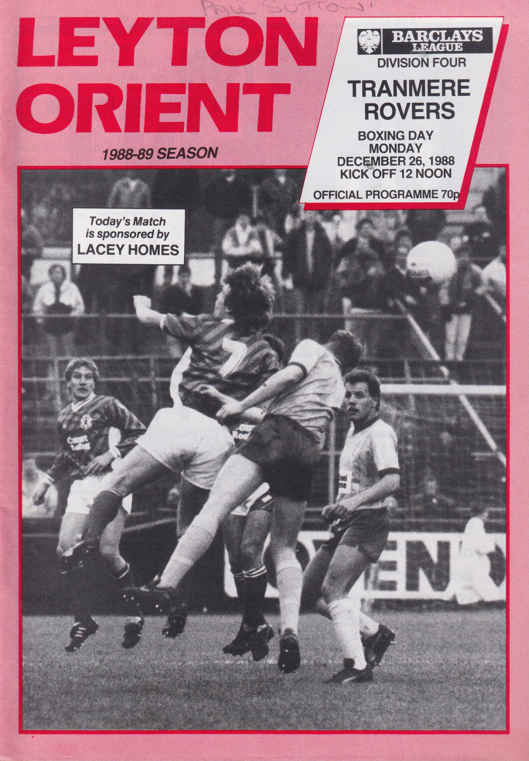 Match Programme for 26/12/1988