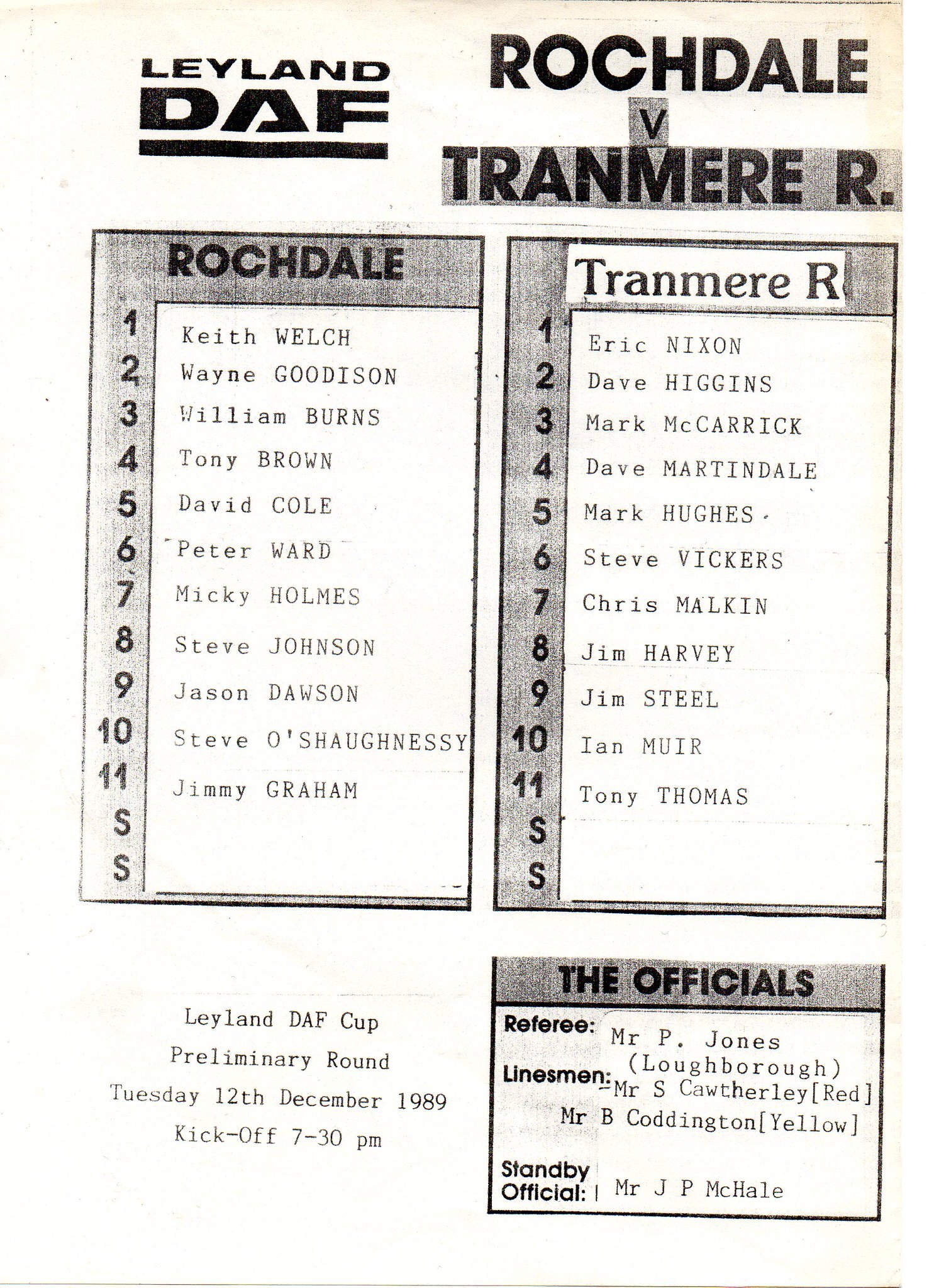 Match Programme for 12/12/1989