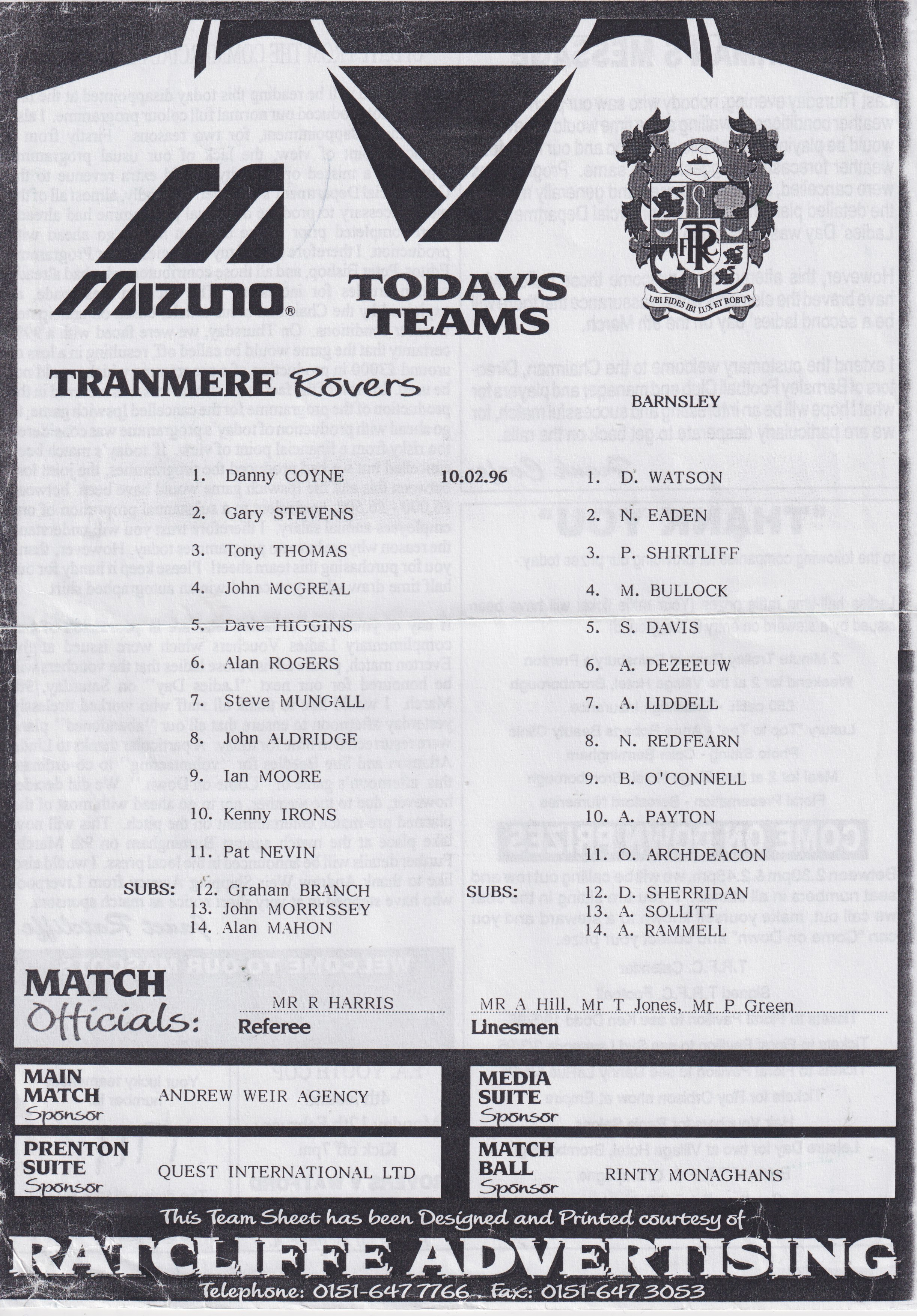 Match Programme for 10/02/1996
