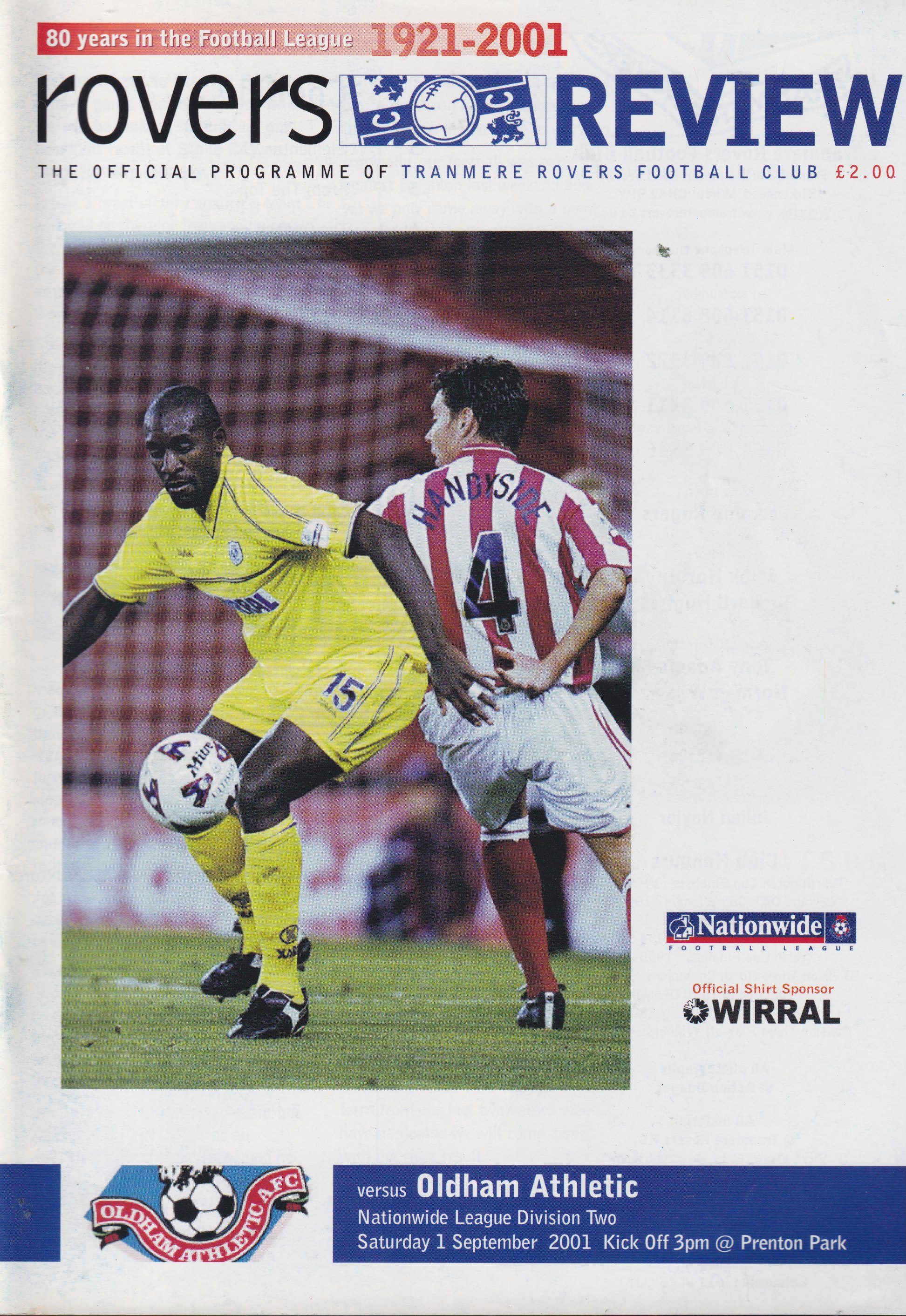Match Programme for 01/09/2001