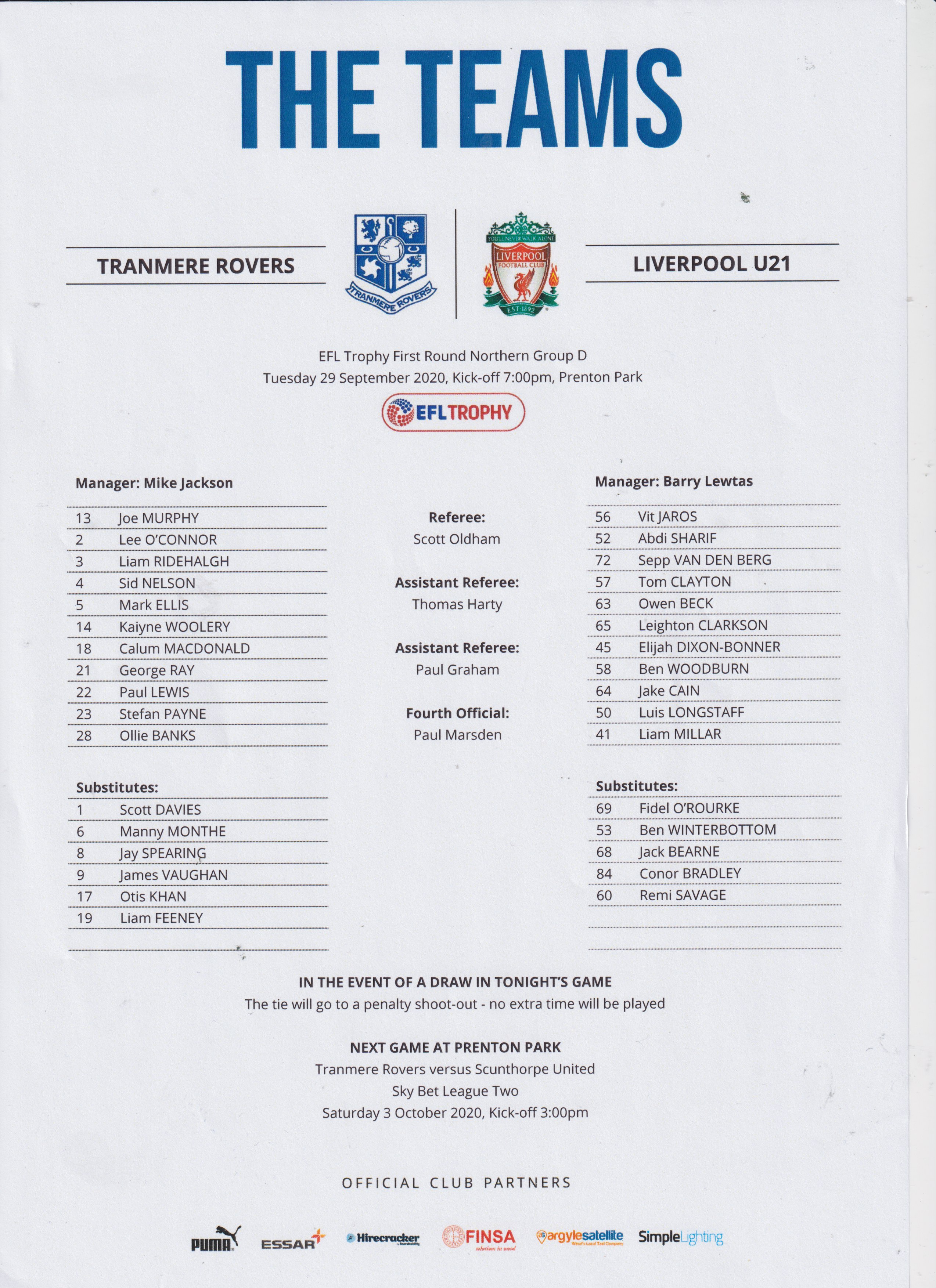 Match Programme for 29/09/2020