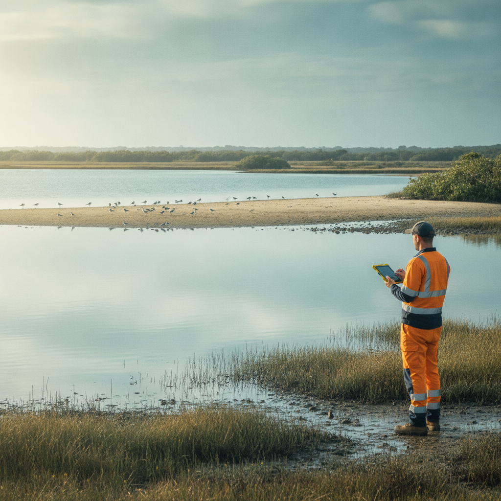 A restoration and facility professional in clean hi-vis workwear stands calmly on the shoreline of an Australian coastal wetland in soft morning light, taking notes on a rugged tablet while observing wading birds at a respectful distance across still water.