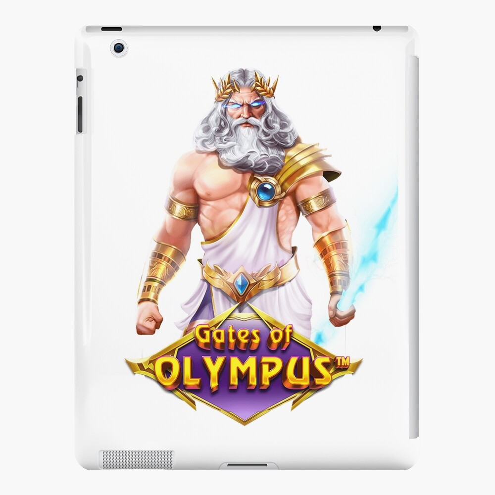 Gates of Olympus game image on white tablet device back view with Zeus character holding lightning