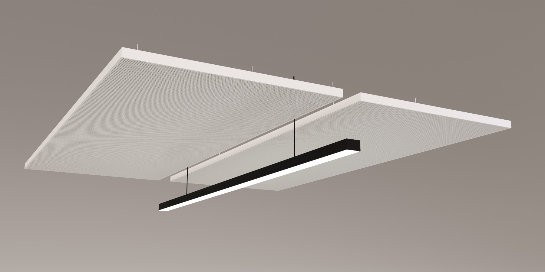 Abgehängte Pendelleuchte über einer Metalldecke