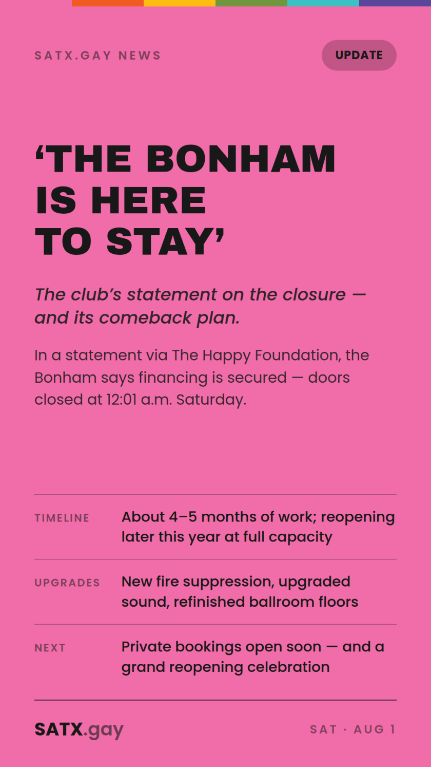 Story card: 'The Bonham is here to stay.' The club's statement on the closure and its comeback plan — about 4–5 months of work; new fire suppression, upgraded sound and refinished ballroom floors; private bookings open soon and a grand reopening celebration planned.