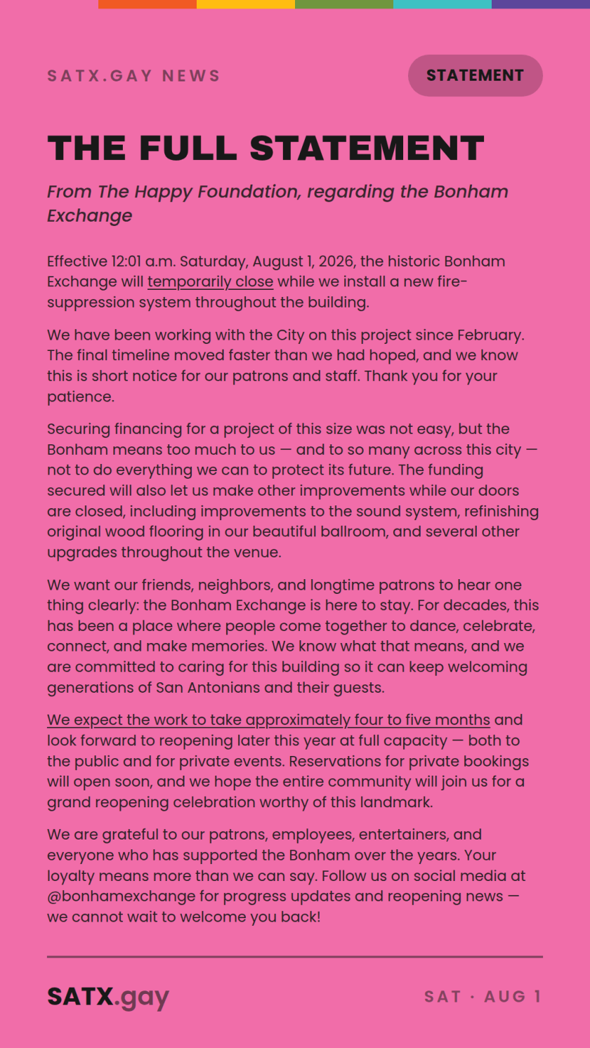 The Happy Foundation's full written statement regarding the Bonham Exchange's temporary closure, effective 12:01 a.m. Aug. 1, 2026 — key points summarized in the update above.