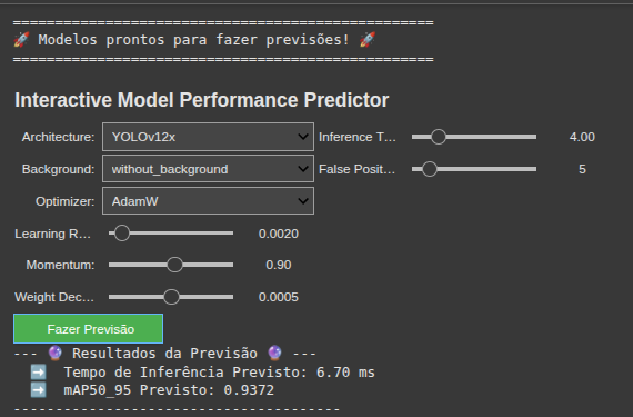 Interface da ferramenta interativa de previsão. O usuário pode ajustar os parâmetros de entrada através de seletores e *sliders* e obter uma predição de desempenho sob demanda.
