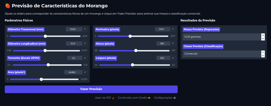 Interface do software de predição desenvolvido, demonstrando os controles de entrada para as características físicas e os campos de saída para a massa prevista e a classe comercial.
