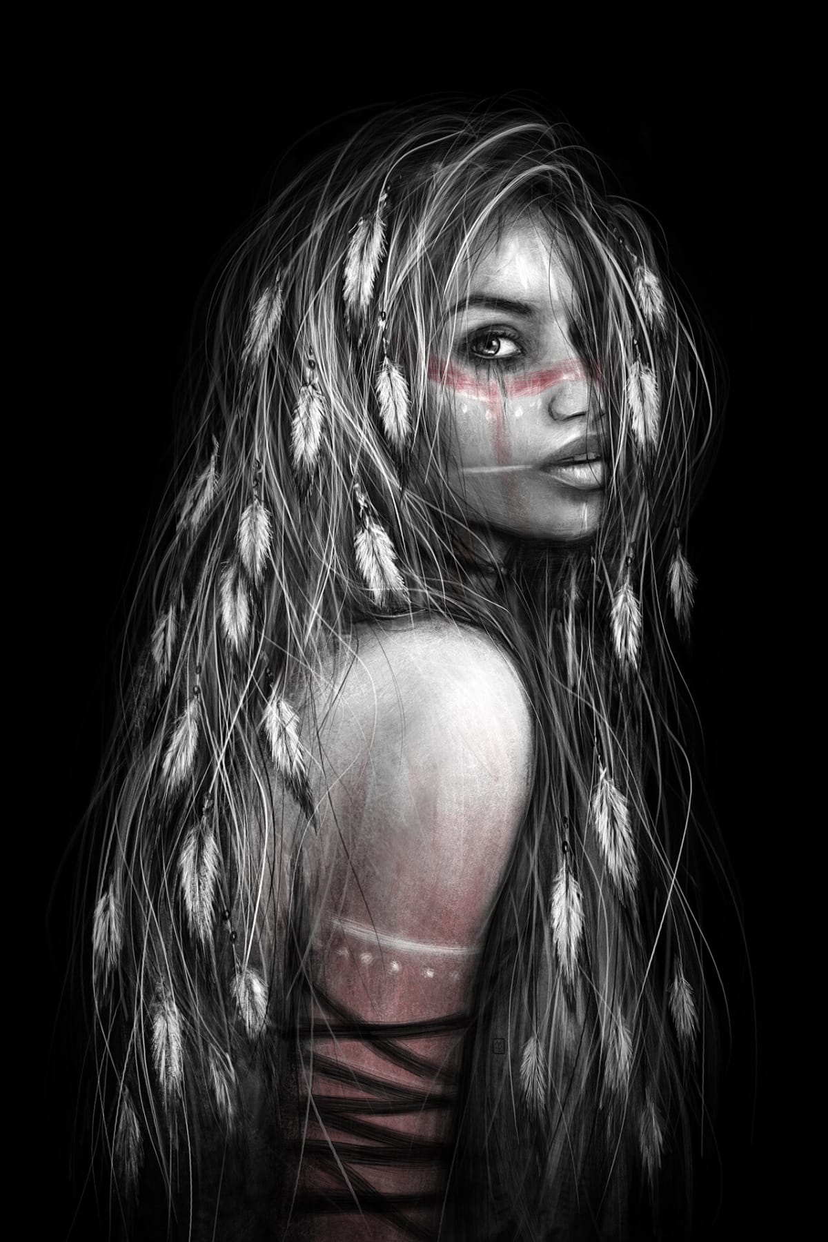 Feathers, a surreal gothic fantasy digital portrait painting by Justin Gedak