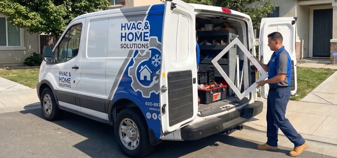 HVAC tech pulling AtticFrame from work van