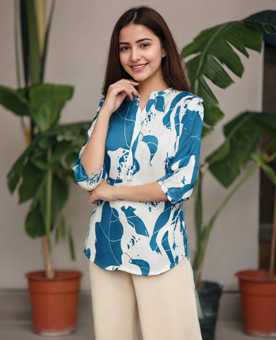 BLUMAIRE Printed Western Top for Women | American Crepe Fabric | Stylish 3/4 Sleeves | Daily & Formal Wear