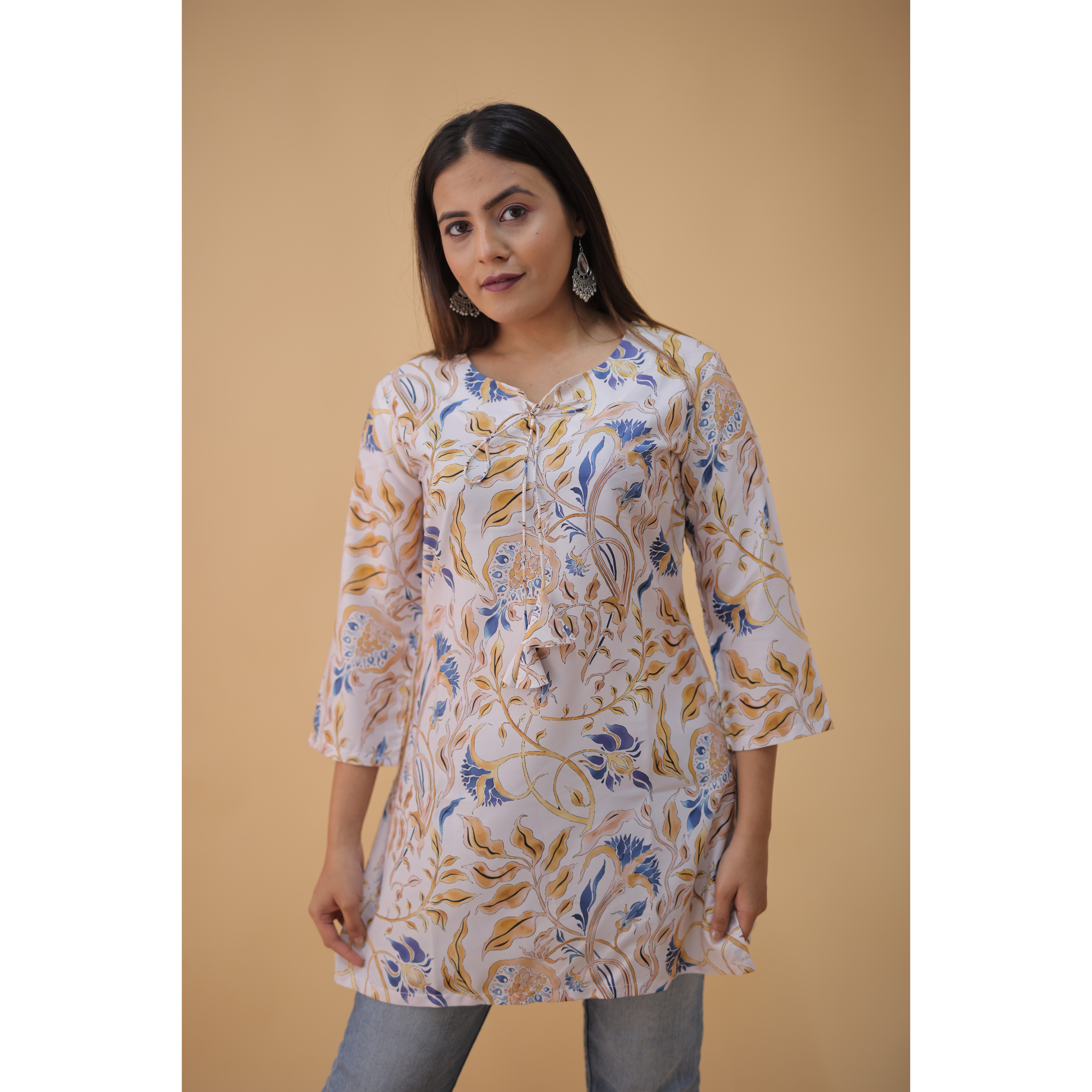 BLUMAIRE Printed Western Top for Women | American Crepe Fabric | Stylish 3/4 Sleeves | Daily & Formal Wear