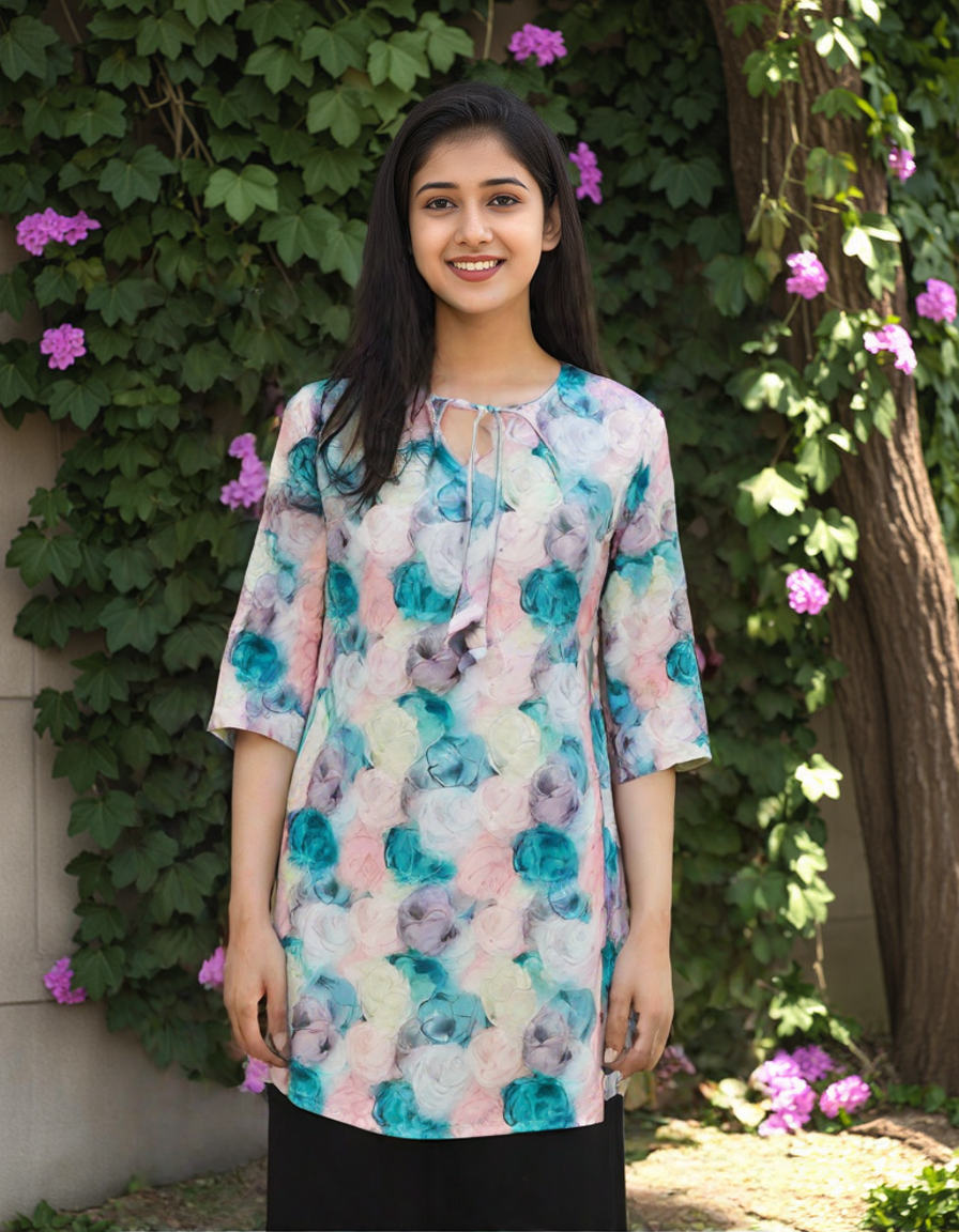 BLUMAIRE Printed Western Top for Women | American Crepe Fabric | Stylish 3/4 Sleeves | Daily & Formal Wear