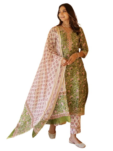 BLUMAIRE Blue Printed Kurta with Pants & Dupatta for Women | Stylish Straight Suit Set | 3 Piece Kurta Pant with Dupatta Set | Casual & Trendy Suit for Office Wear