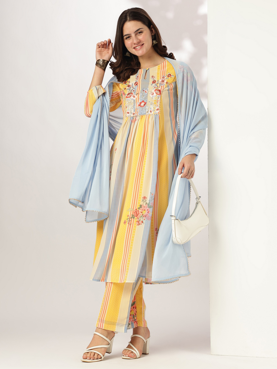 BLUMAIRE Women’s Yellow & Blue Striped Floral Embroidered Kurta Set with Dupatta | Elegant Cotton Blend Ethnic Outfit for Festive & Casual Wear