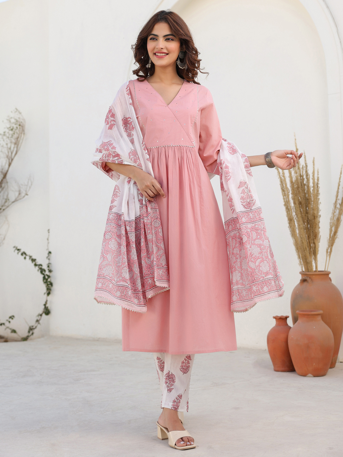 BLUMAIRE Women’s Pink Anarkali Kurta Set with Printed Pants & Dupatta | Elegant V-Neck Ethnic Suit for Festive, Wedding & Party Wear