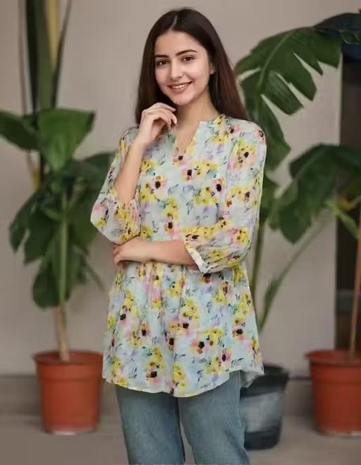 BLUMAIRE Printed Western Top for Women | American Crepe Fabric | Stylish 3/4 Sleeves | Daily & Formal Wear