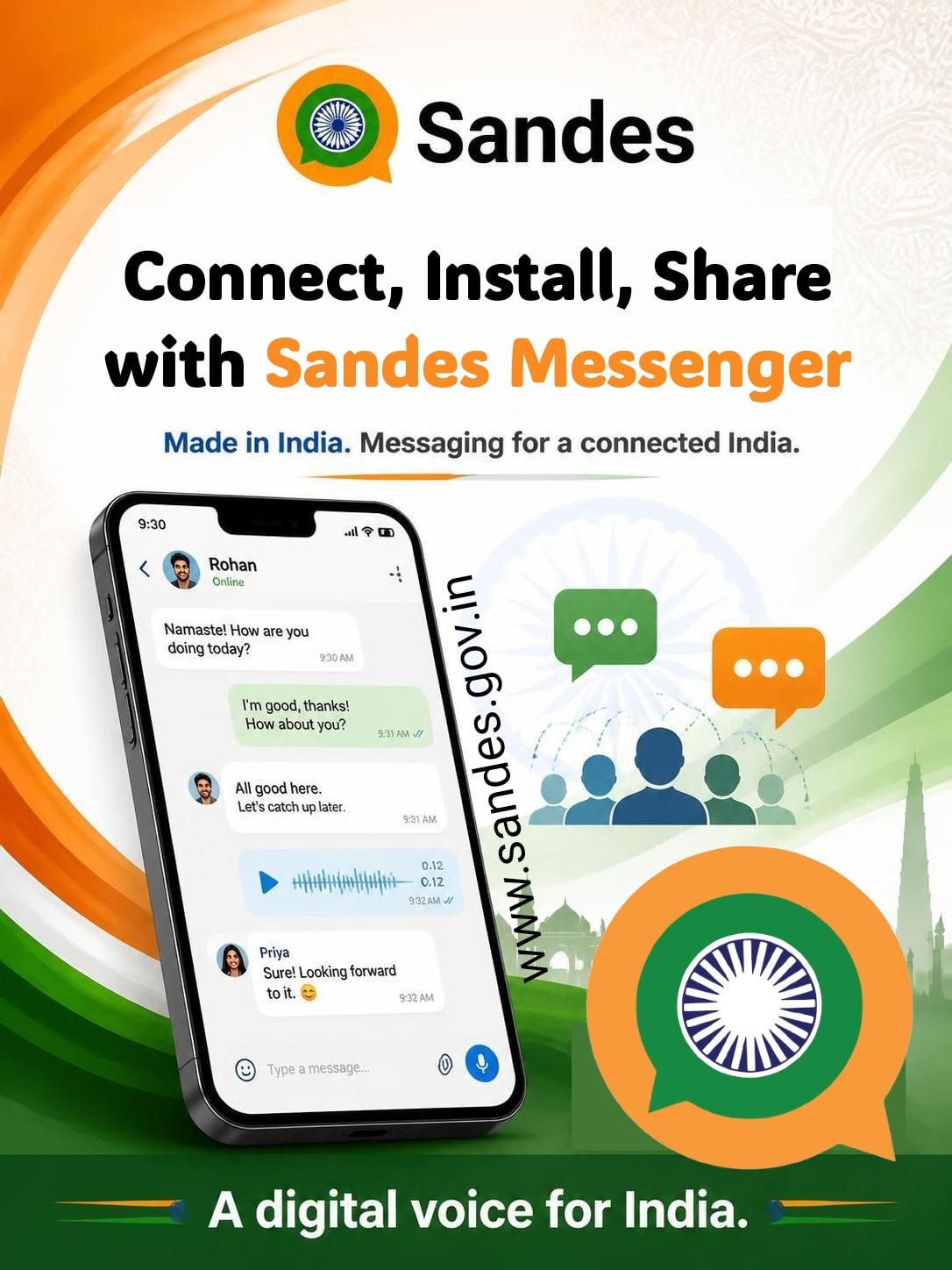 Sandes Messenger India's own instant messenger with audio, video calls, chats, groups, channels and file exchanges all end-to-end encrypted. The app facilitates better user management by onboarded organizations, governments, citizens across everyone E2EE #Atmanirbhar #india #sandes #messenger #secure #viksitbharat